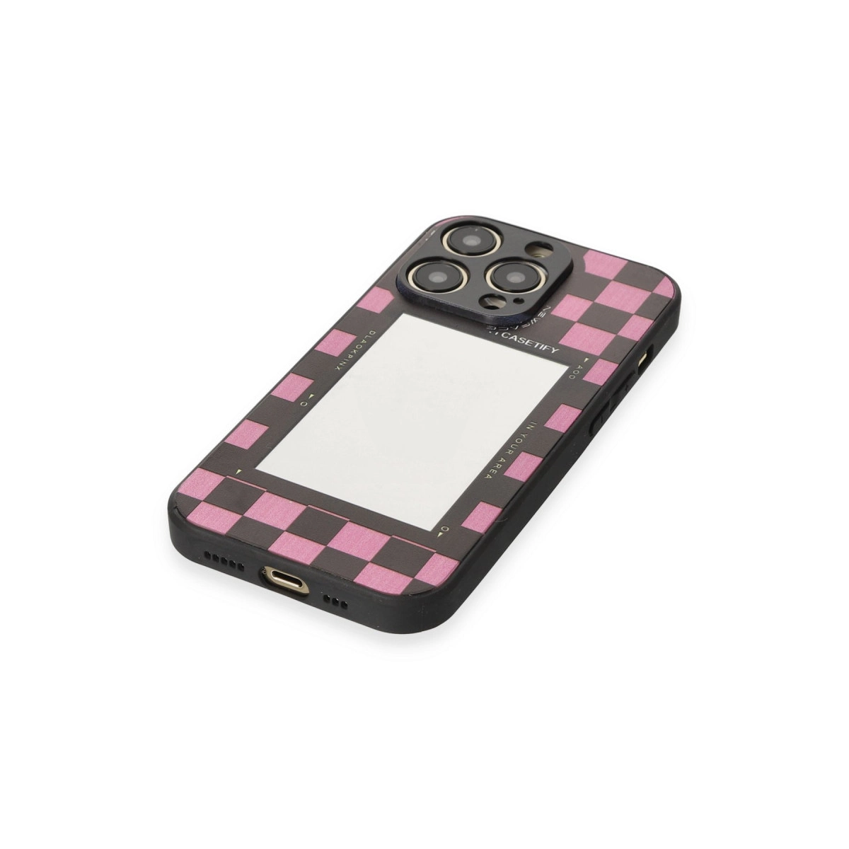 Pembe damalı ve aynalı siyah telefon kılıfı.