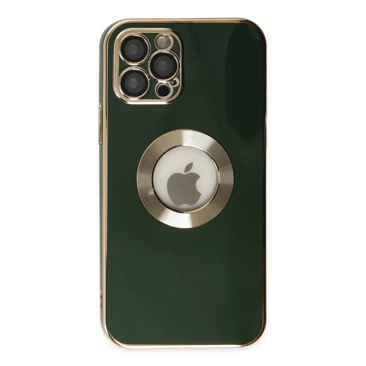 Dört kameralı ve Apple logolu koyu yeşil telefon kılıfı.