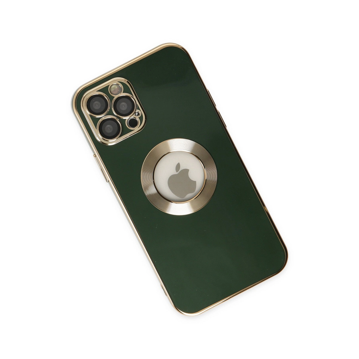 Altın kenarlı, Apple logolu ve kamera dizilimli koyu yeşil telefon kılıfı.