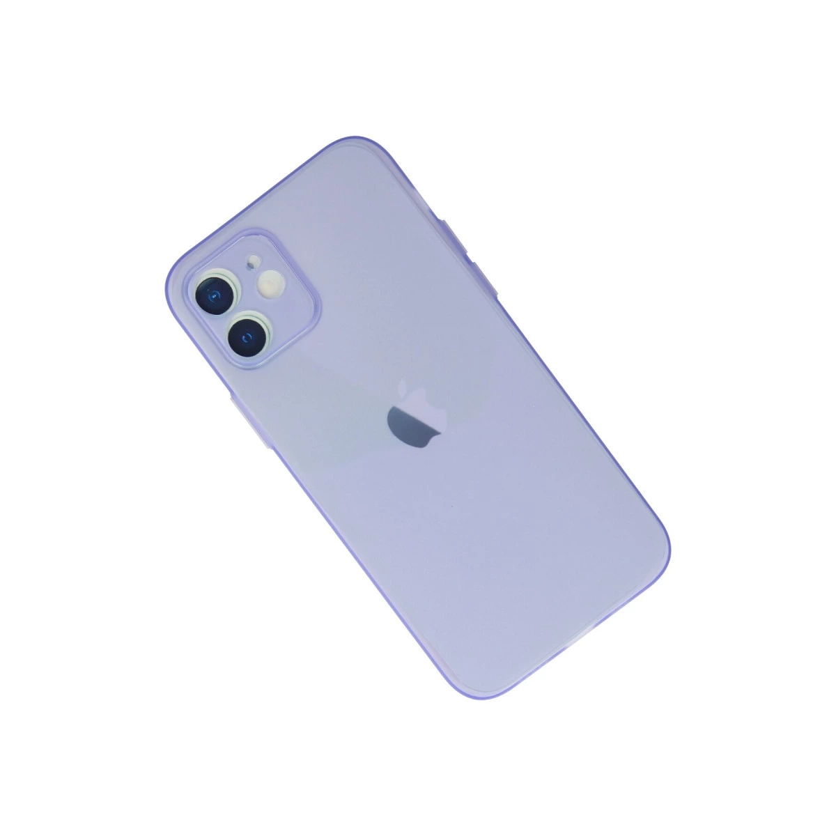 İki kameralı mor iPhone; Apple logosu arkada görünür.
