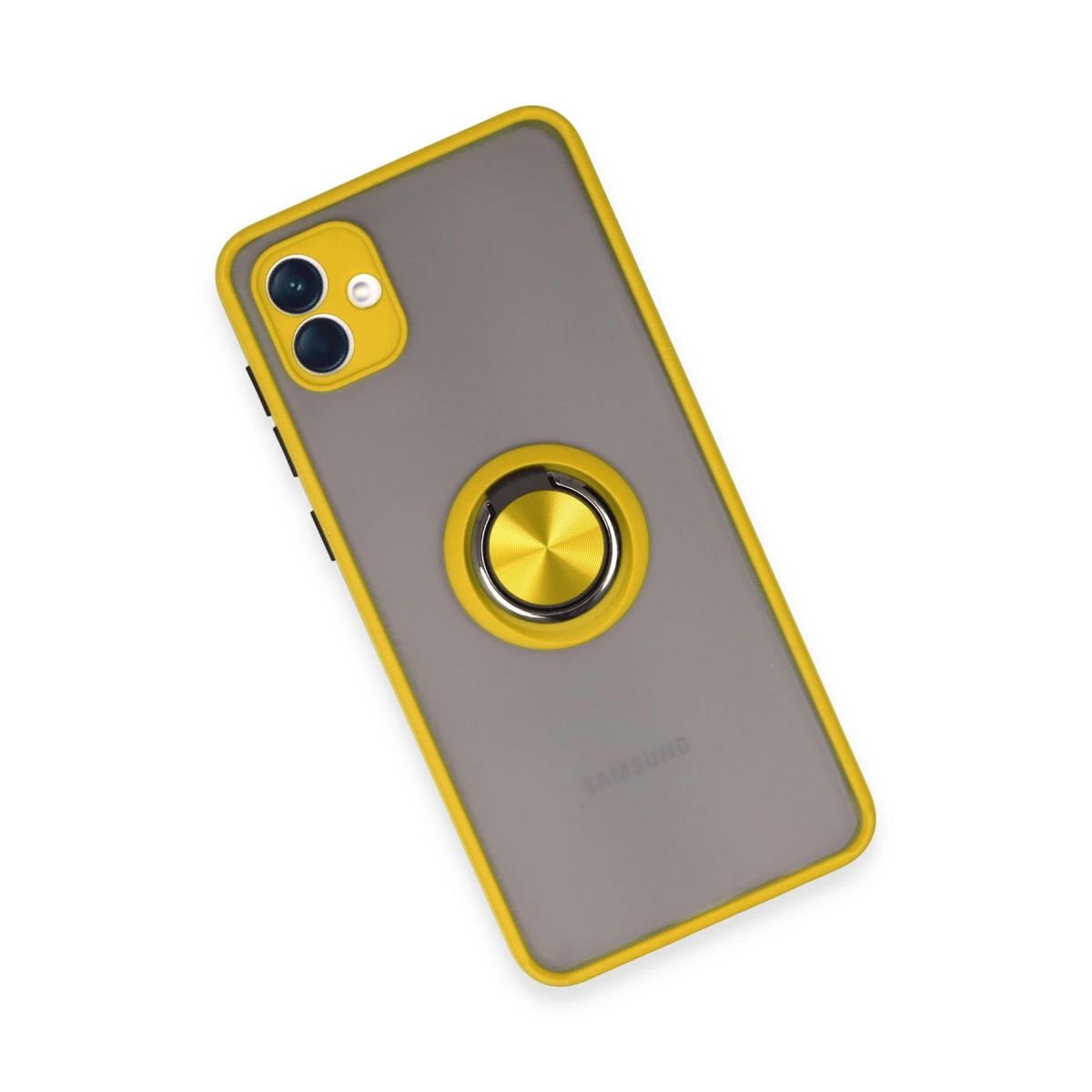 Sarı kenarlı gri telefon kılıfı, kamera ve halka tutucu.