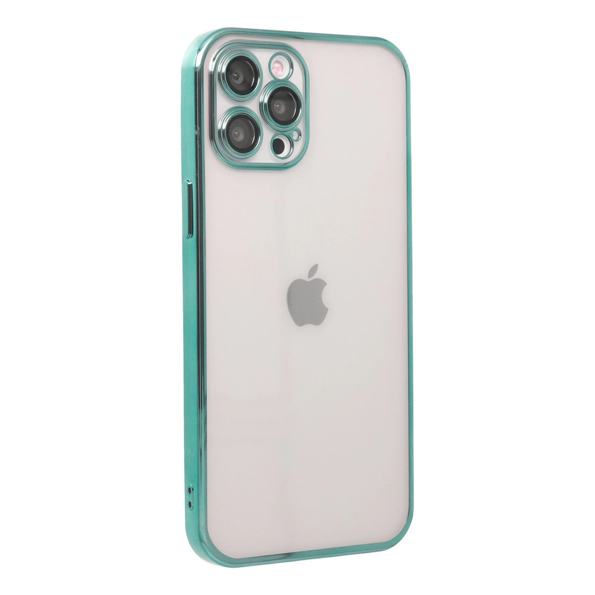 Turkuaz kenarlı şeffaf kasalı bir iPhone.