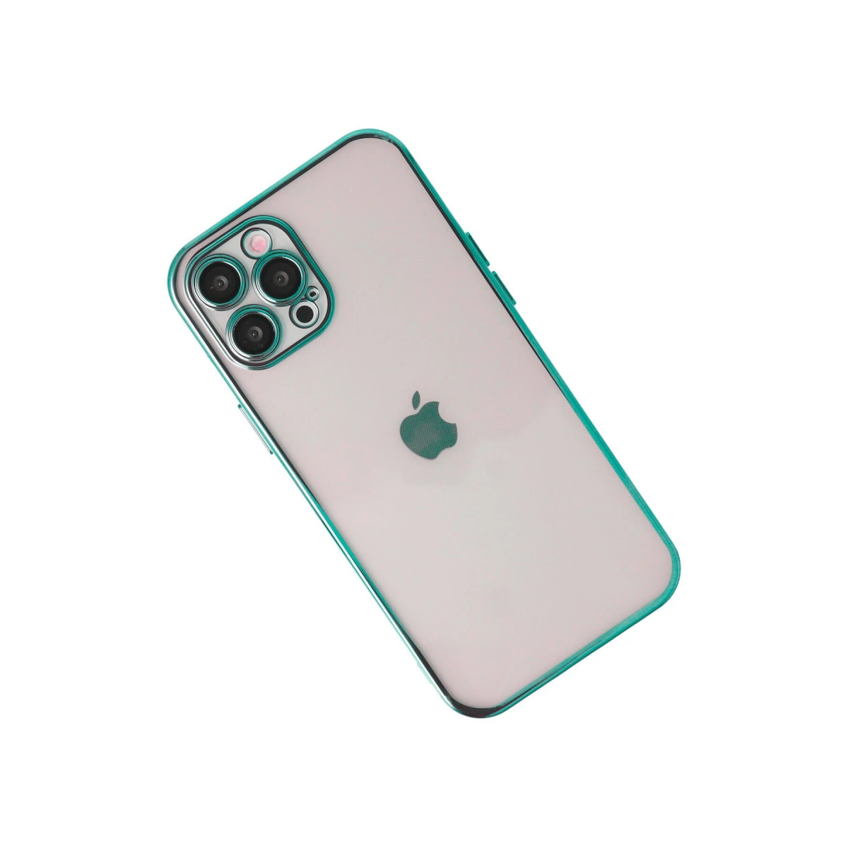 Üç kameralı, yeşil çerçeveli bir iPhone beyaz arka planda.