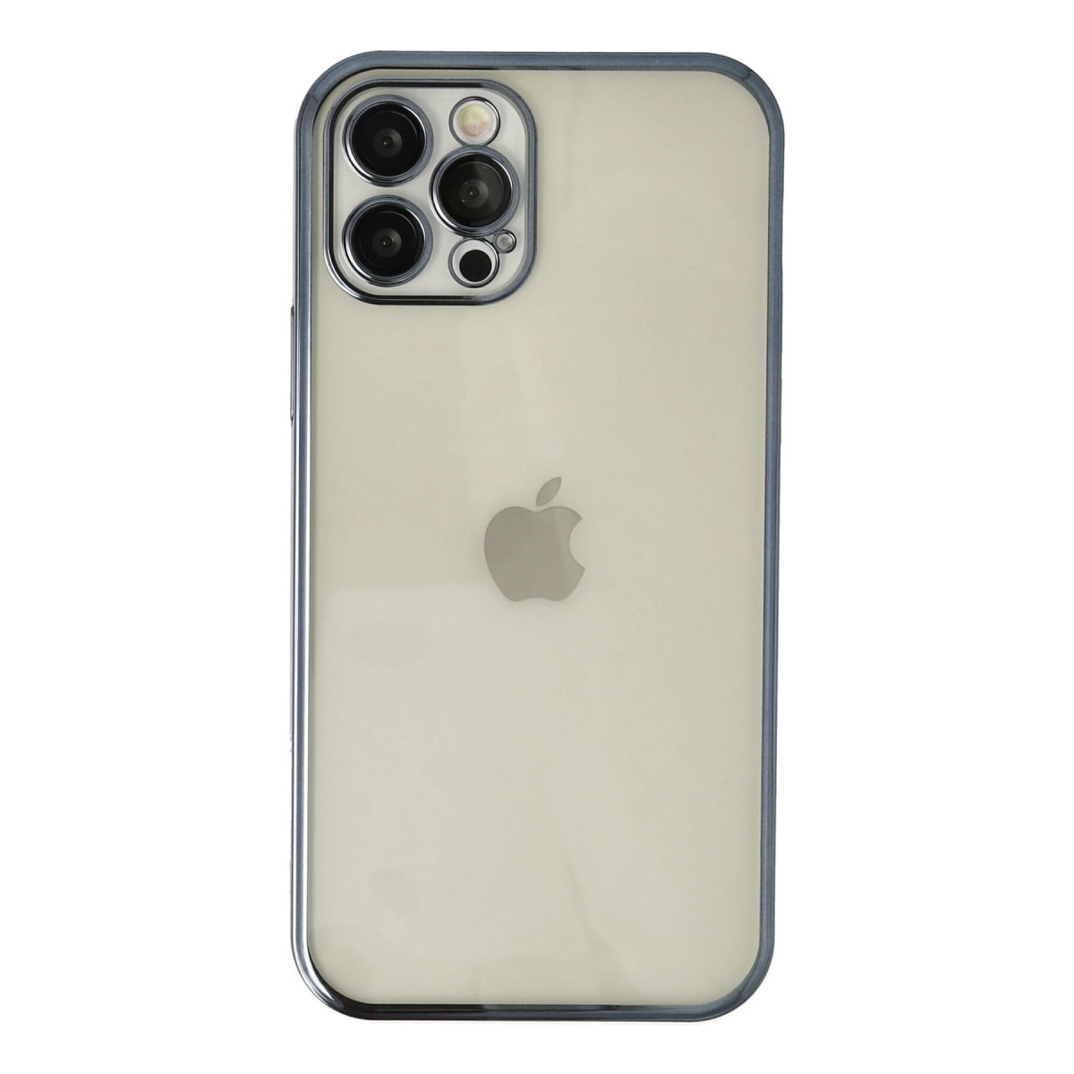 Apple logosu ve kamera lensleri olan şeffaf kılıf, beyaz arka plan.