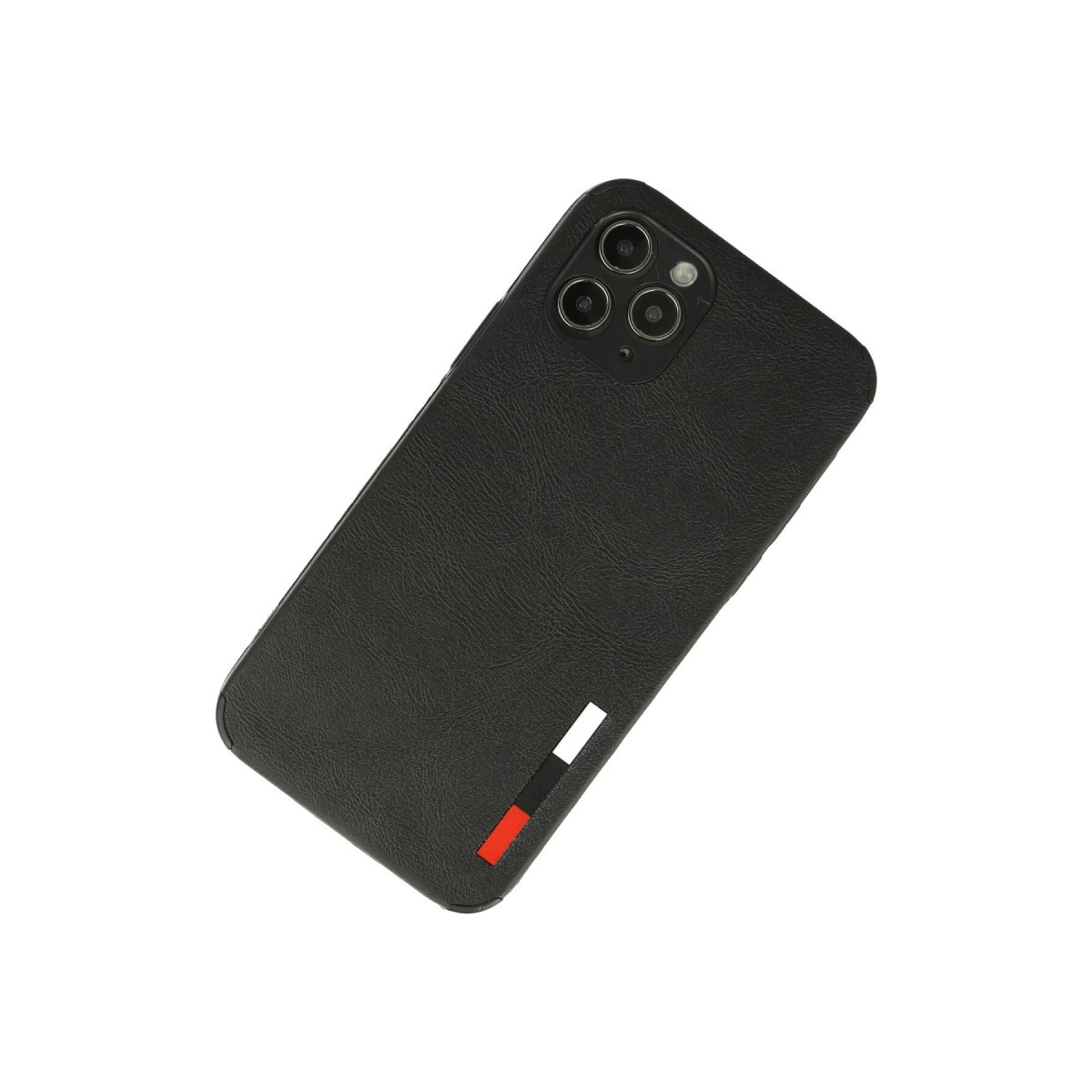 Üç kameralı siyah telefon kılıfı ve çizgili logo.