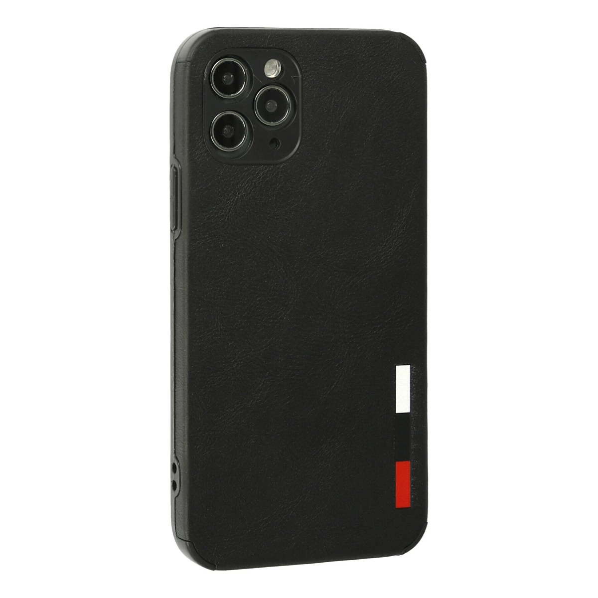 Üç kameralı ve renkli şeritli siyah telefon kılıfı.