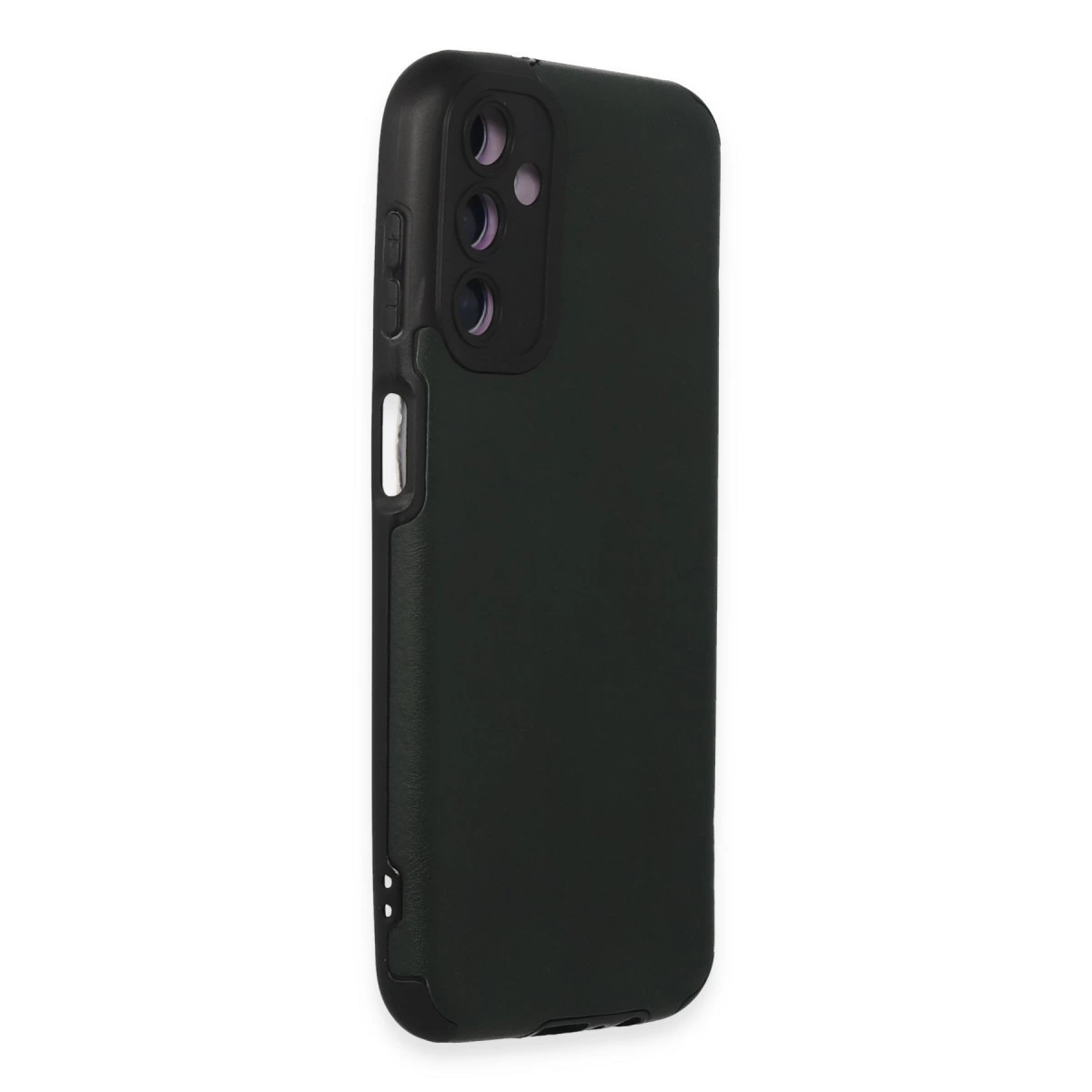 Üçlü kamera kesimli koyu yeşil telefon kılıfı, beyaz arka plan üzerinde.