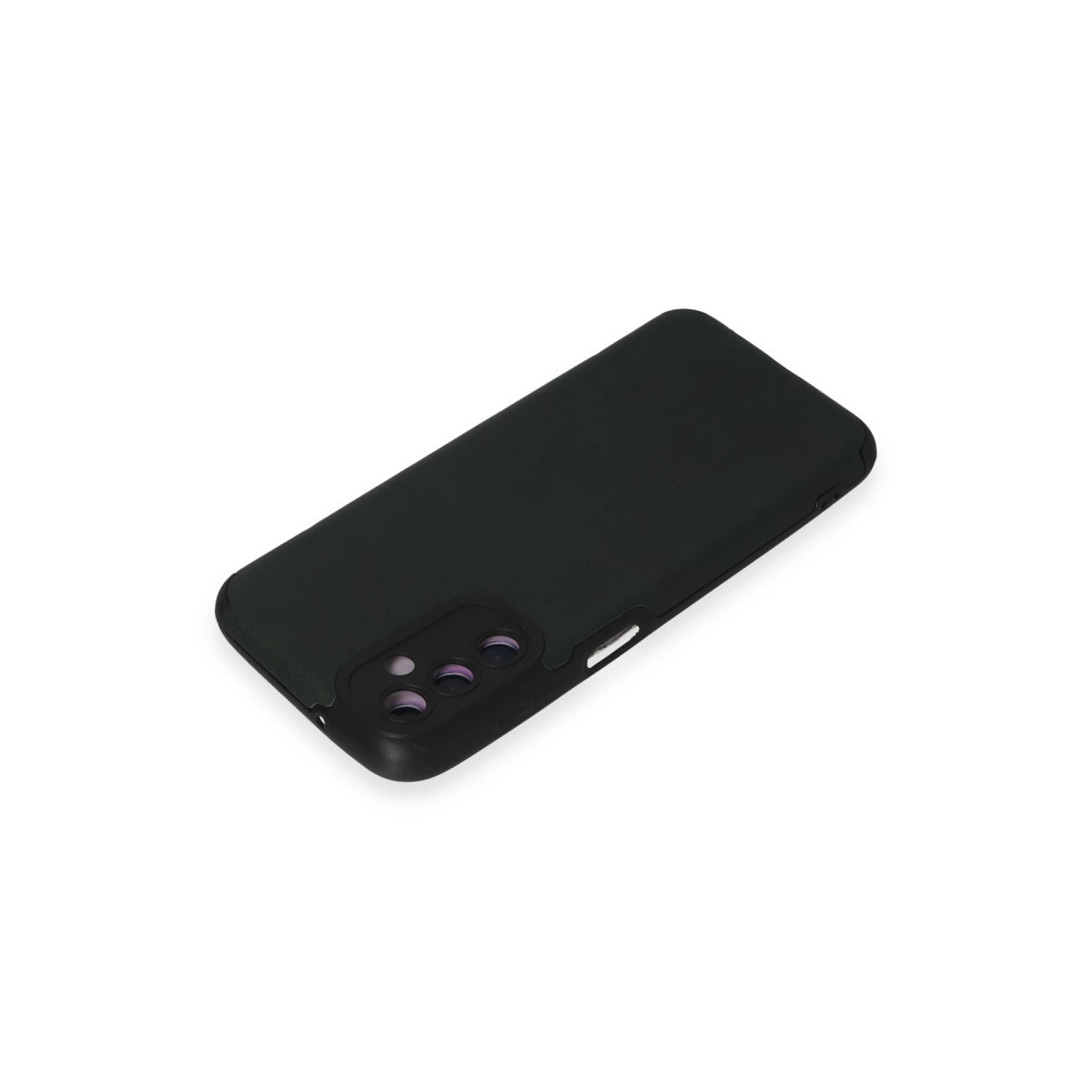 Kamera kesimli koyu yeşil telefon kılıfı, beyaz arka plan üzerinde.