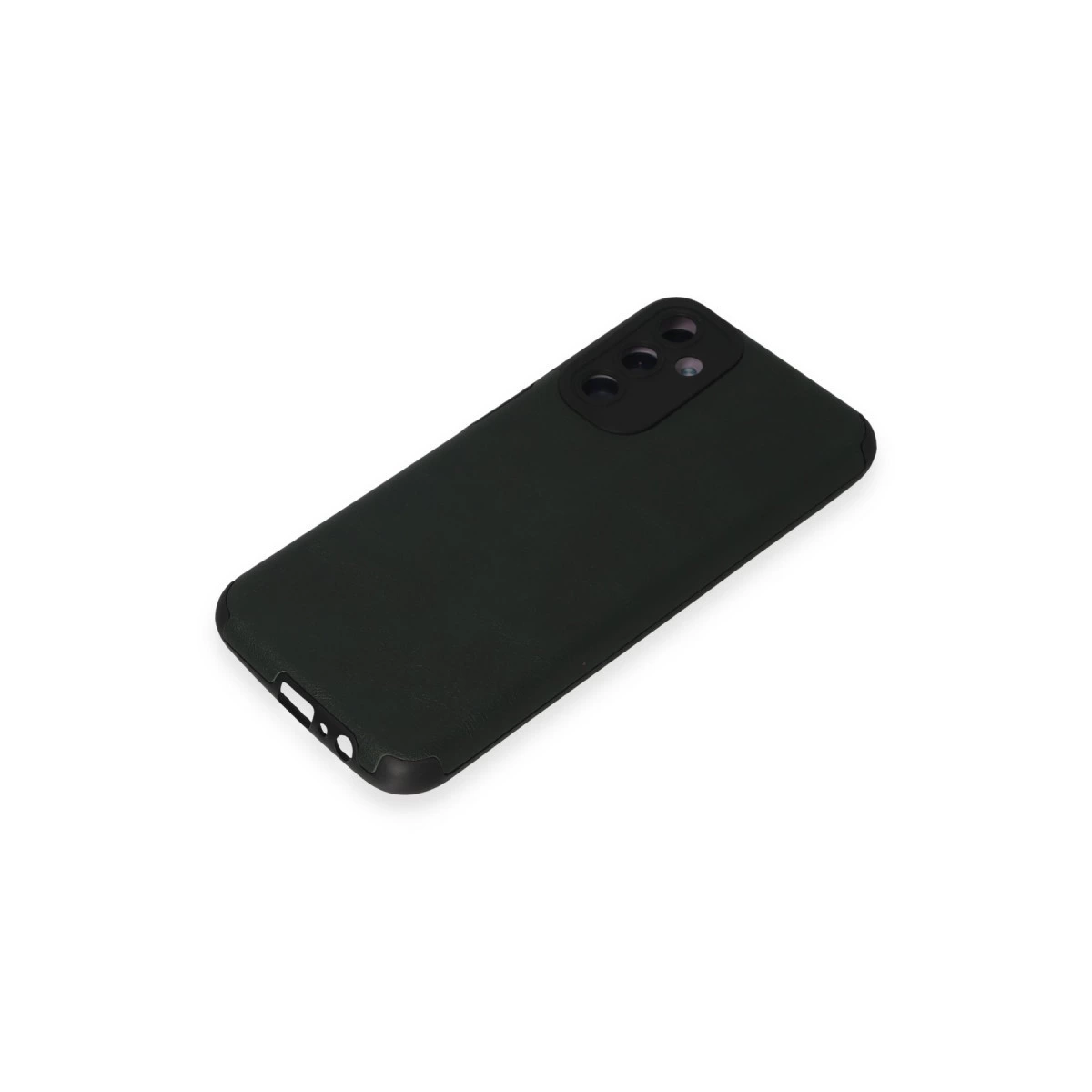 Üç kamera lensli ve kesimli koyu gri telefon kılıfı.