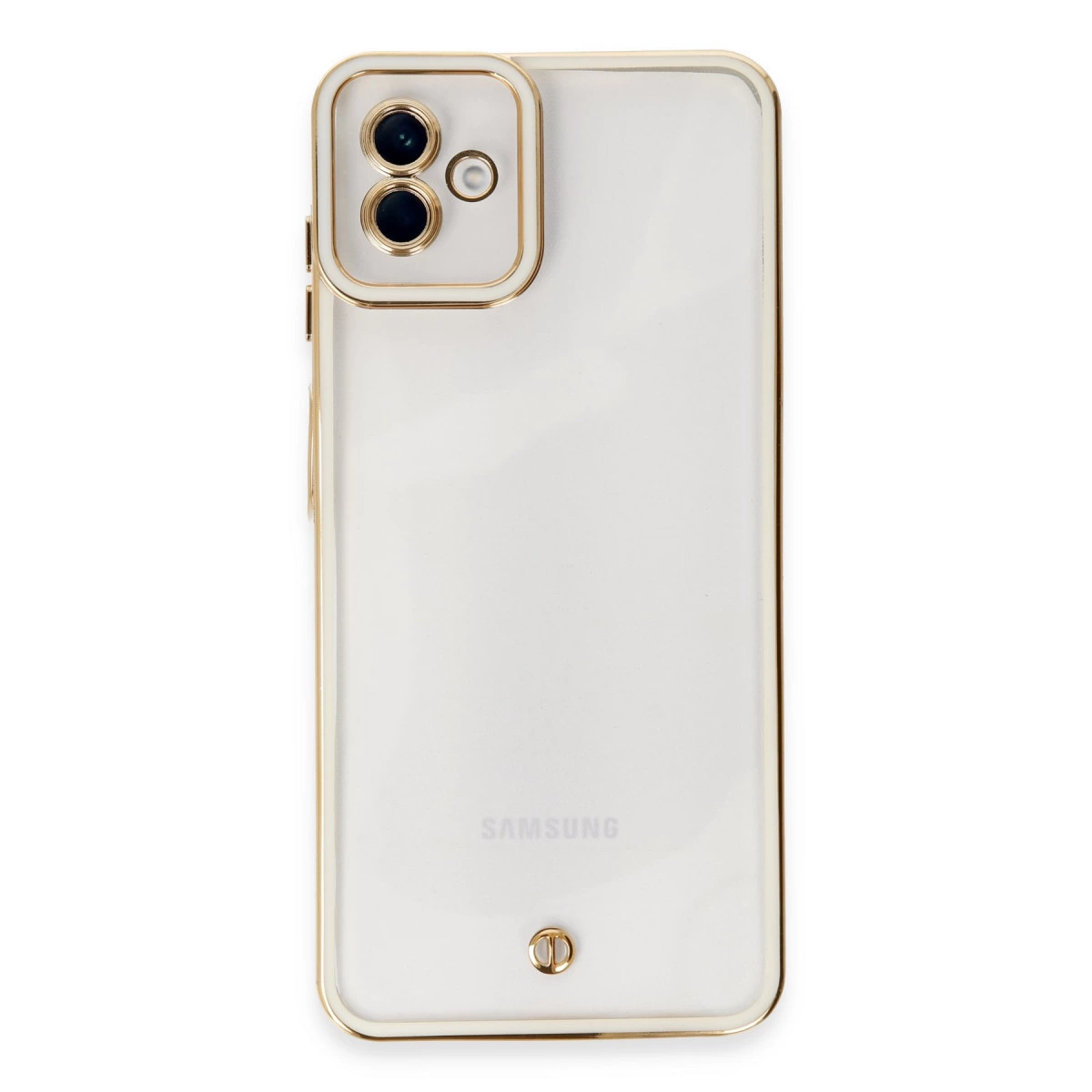 Altın çerçeveli şeffaf Samsung telefon kılıfı. Arkada kamera modülü.