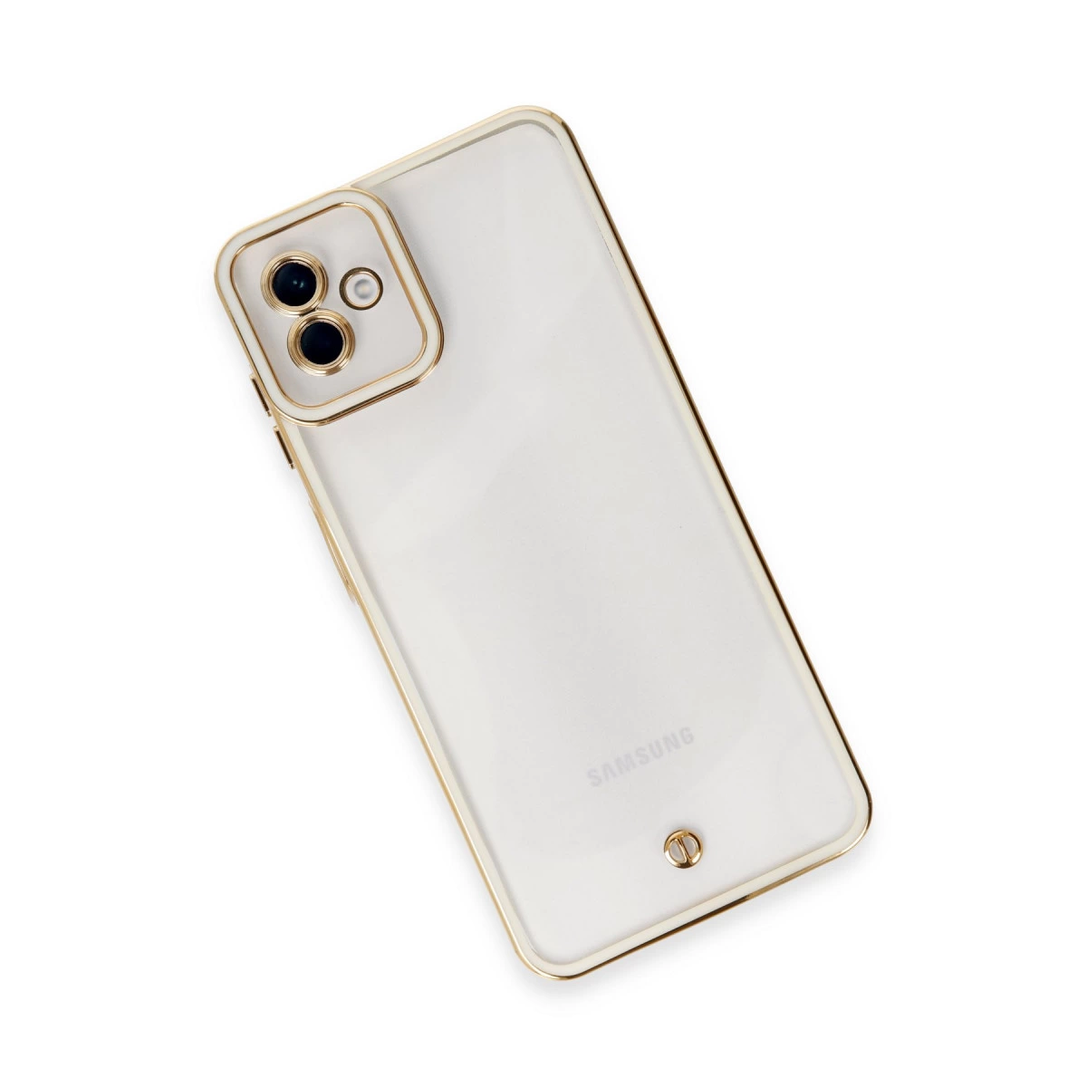 Altın çerçeveli ve kamera çerçeveli şeffaf telefon kılıfı.