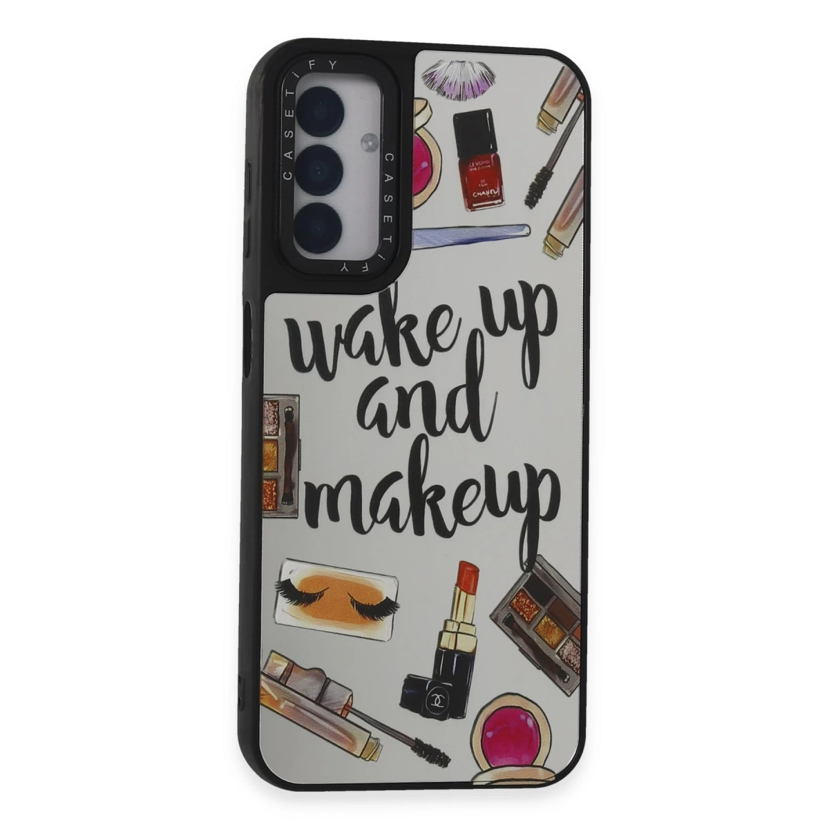 Üzerinde "wake up and makeup" yazısı ve kozmetik çizimleri olan telefon kılıfı.