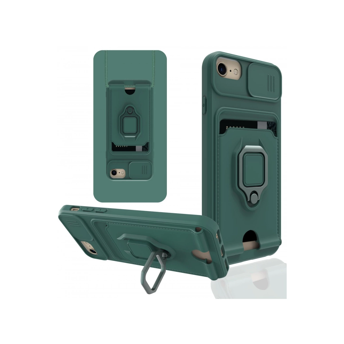 Kart tutuculu ve halka standlı yeşil telefon kılıfının üç görünümü.