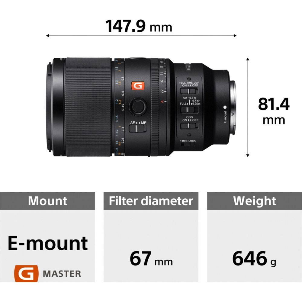 Obiettivo Sony: 147,9 mm lungo, 81,4 mm largo, E-mount, filtro 67 mm, 646 g.
