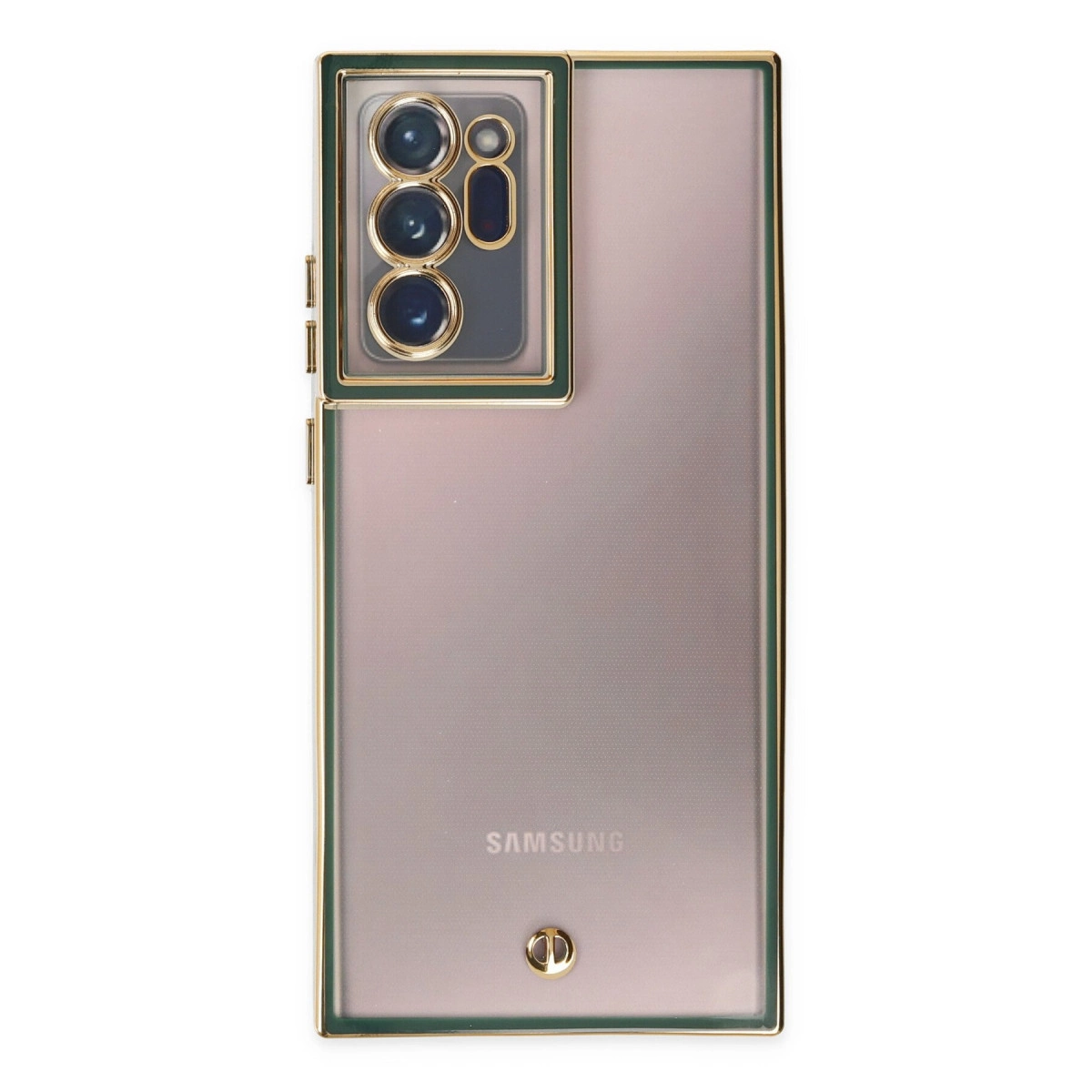 Altın çerçeveli ve kamera lensli şeffaf Samsung telefonun arkası.