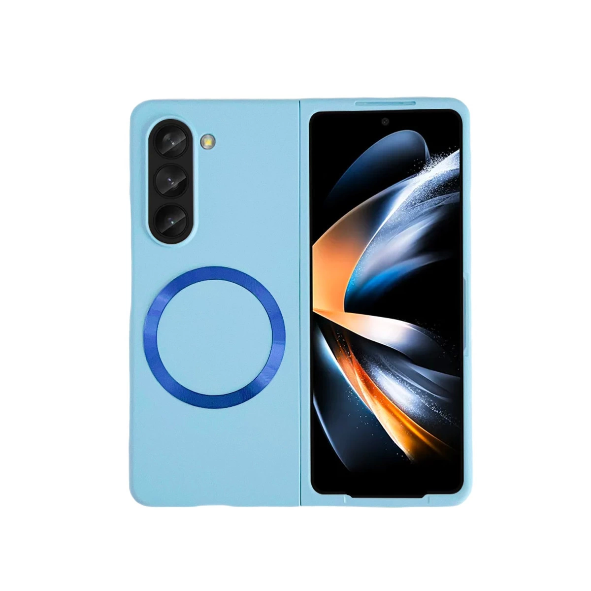Halka tutuculu ve kameralı açık mavi telefon kılıfı. Açık, ekran görünüyor.