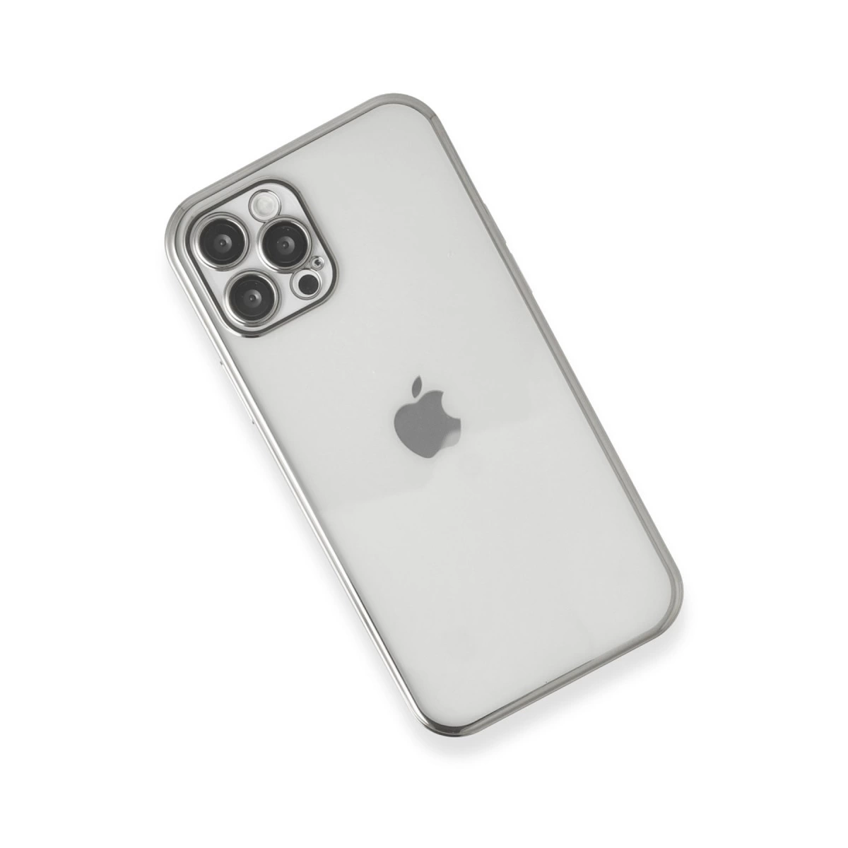 Üç kameralı gümüş iPhone kılıfı ve Apple logosu.