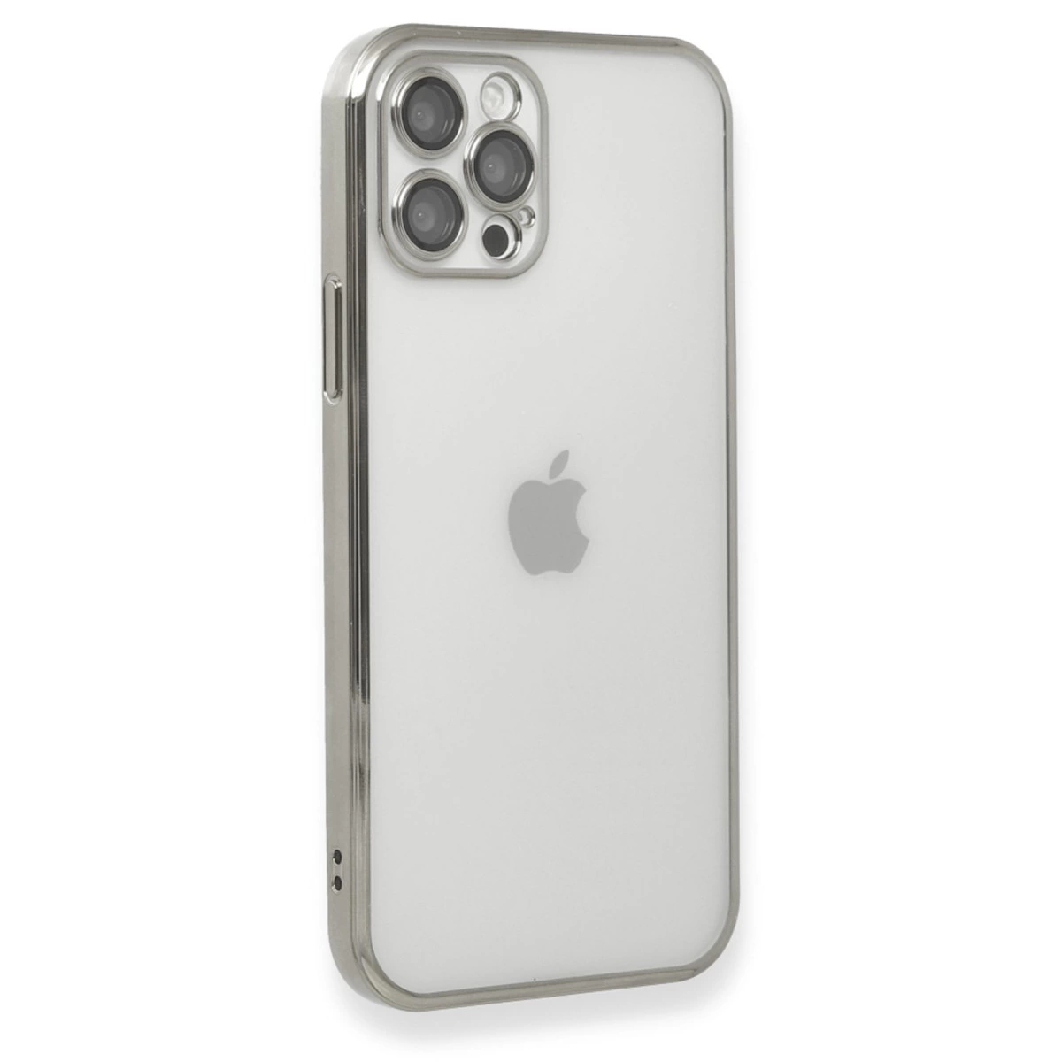 Gümüş çerçeve, dört kameralı beyaz bir iPhone kılıfını çevreler.