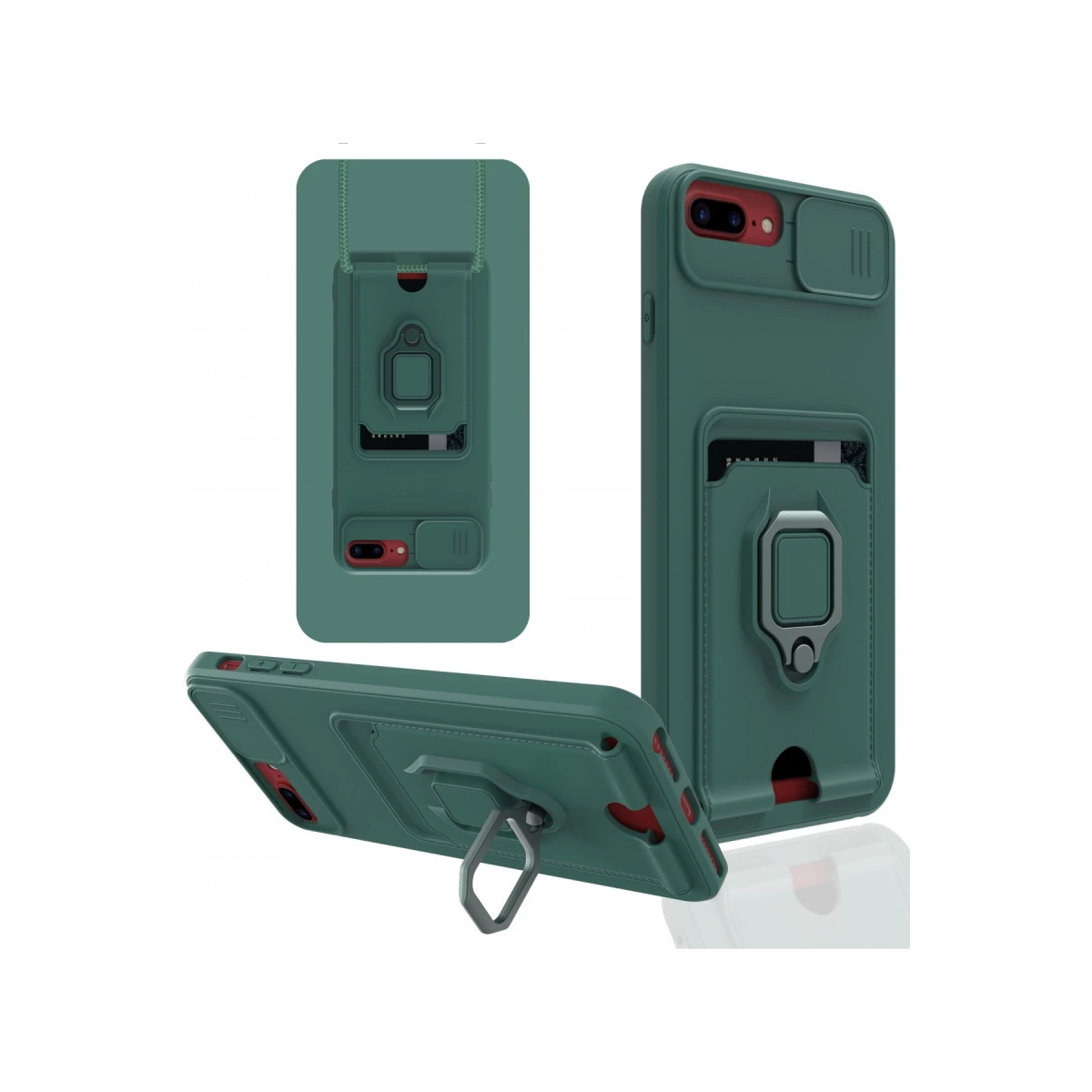 Kart tutuculu ve halkalı yeşil telefon kılıfının üç görünümü.