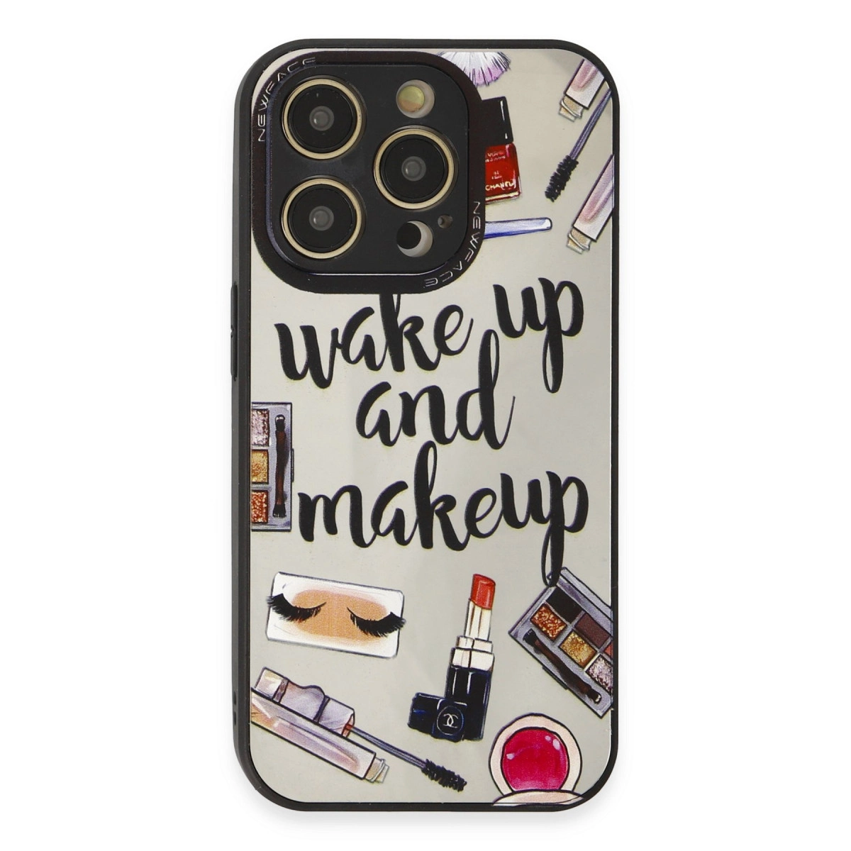 Makyaj çizimleri ve "wake up and makeup" yazılı iPhone kılıfı.