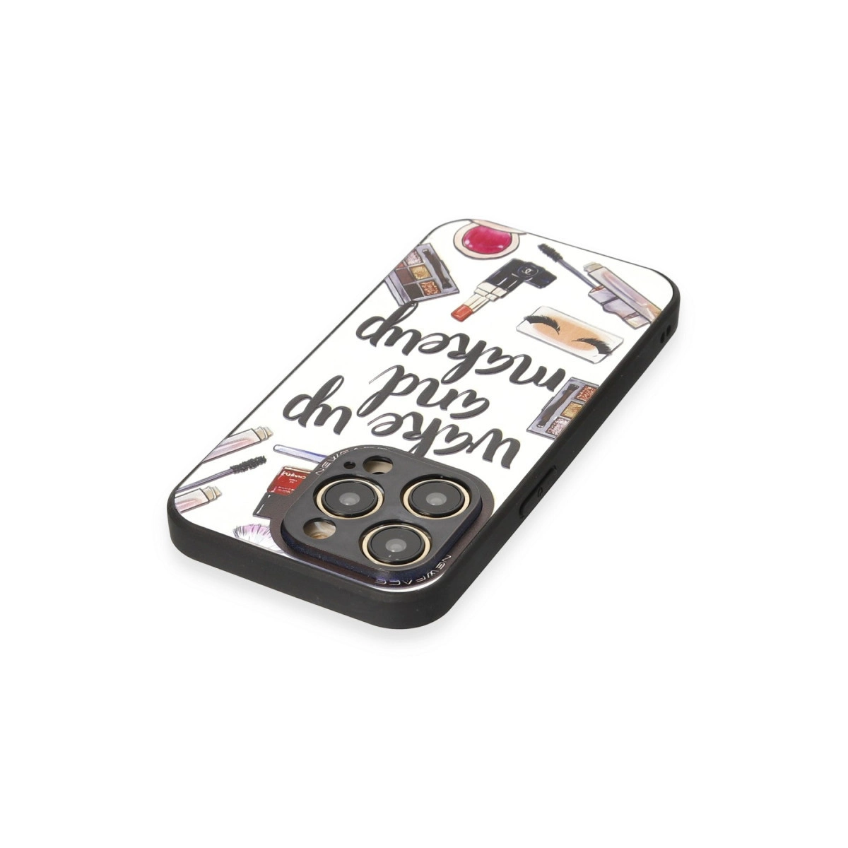 Bir iPhone kılıfı, "Wake up and makeup" ve makyaj illüstrasyonları ile.