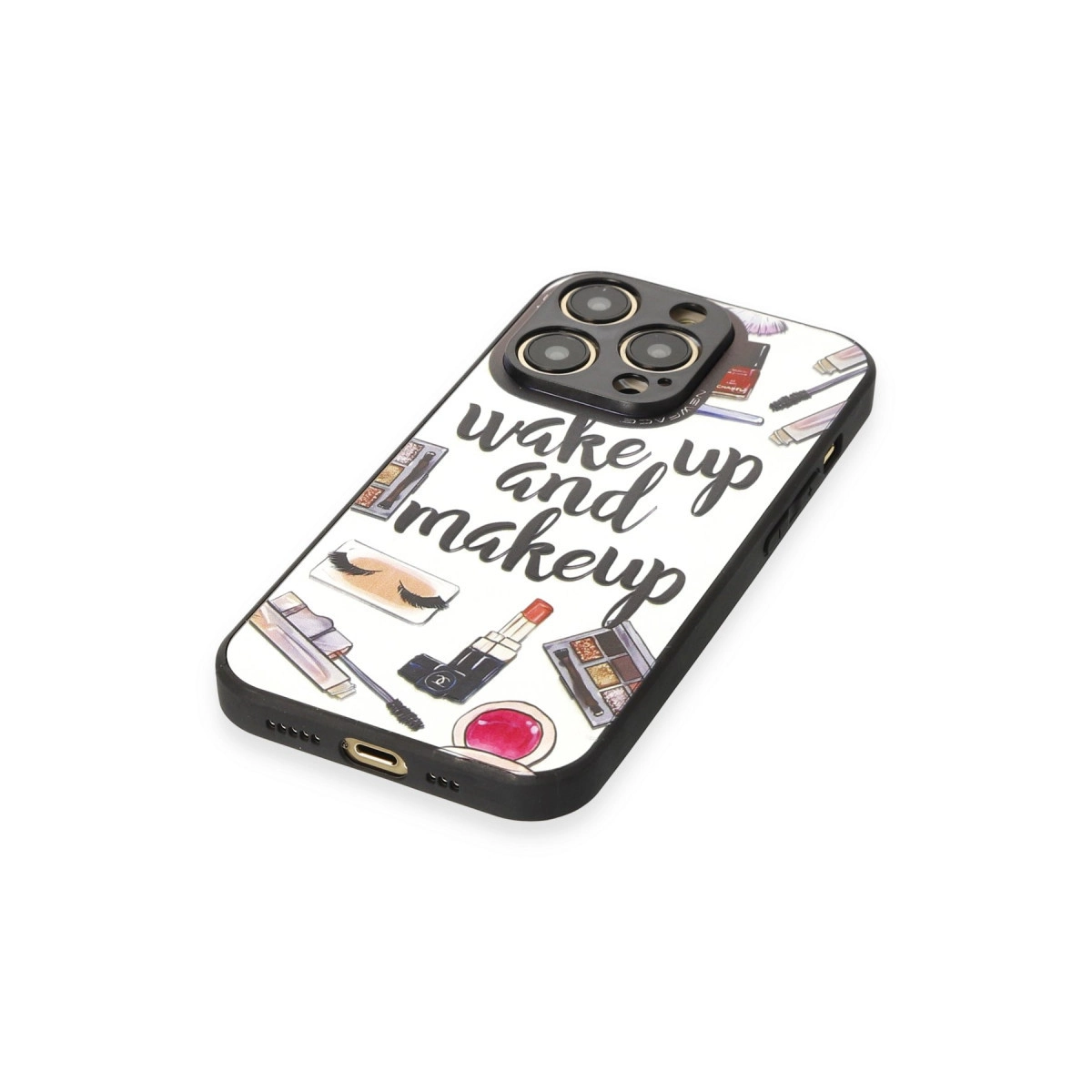 Makyaj çizimleri ve "wake up and makeup" yazılı iPhone kılıfı.