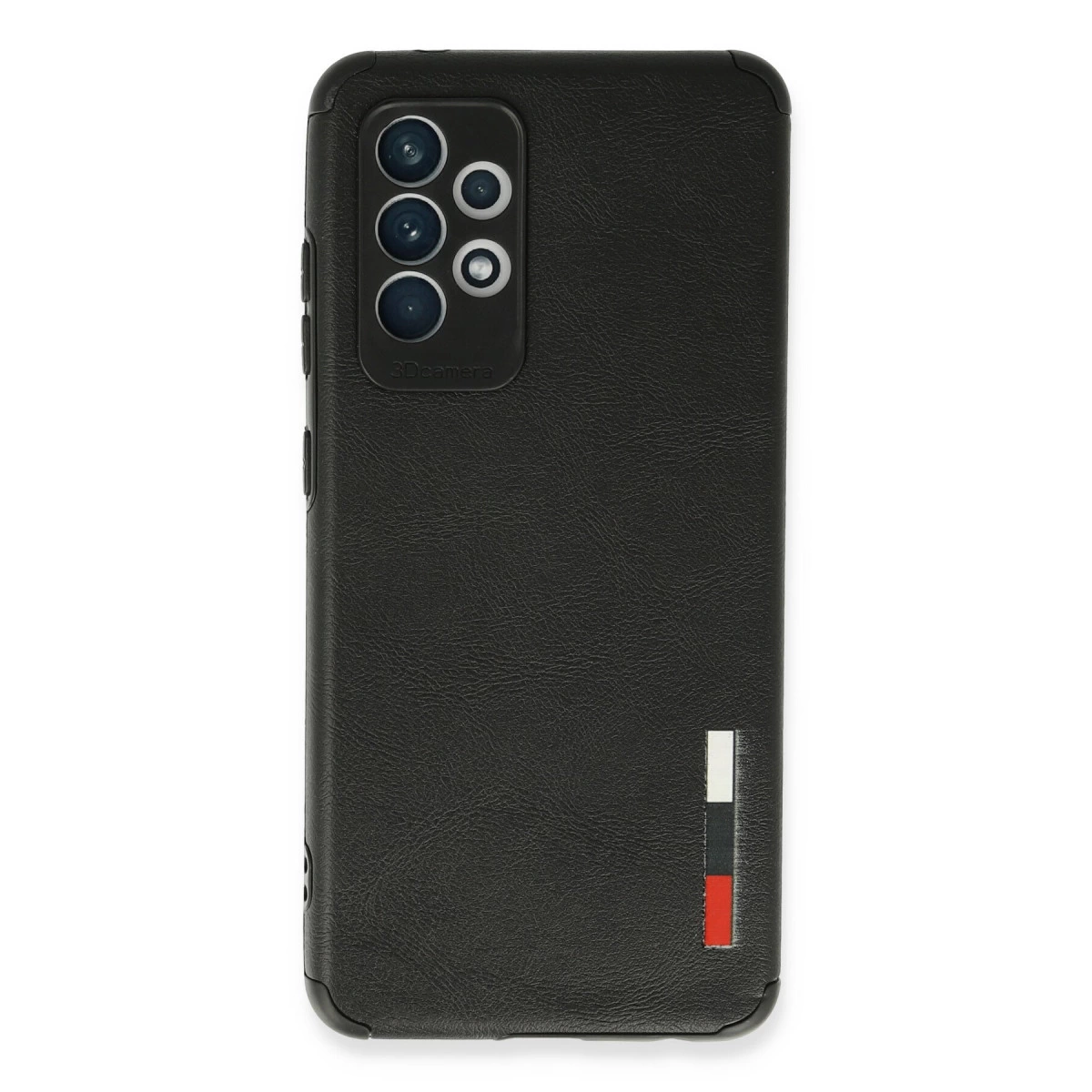 Dört kameralı siyah telefon kılıfı, beyaz, gri ve kırmızı dikey şeritli.
