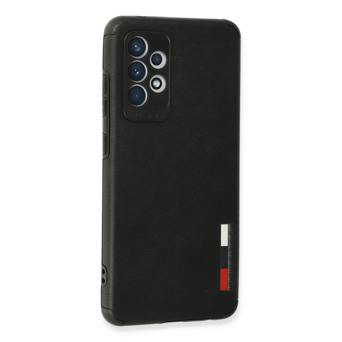 Kamera oyuntulu, dikey şerit detaylı siyah telefon kılıfı.