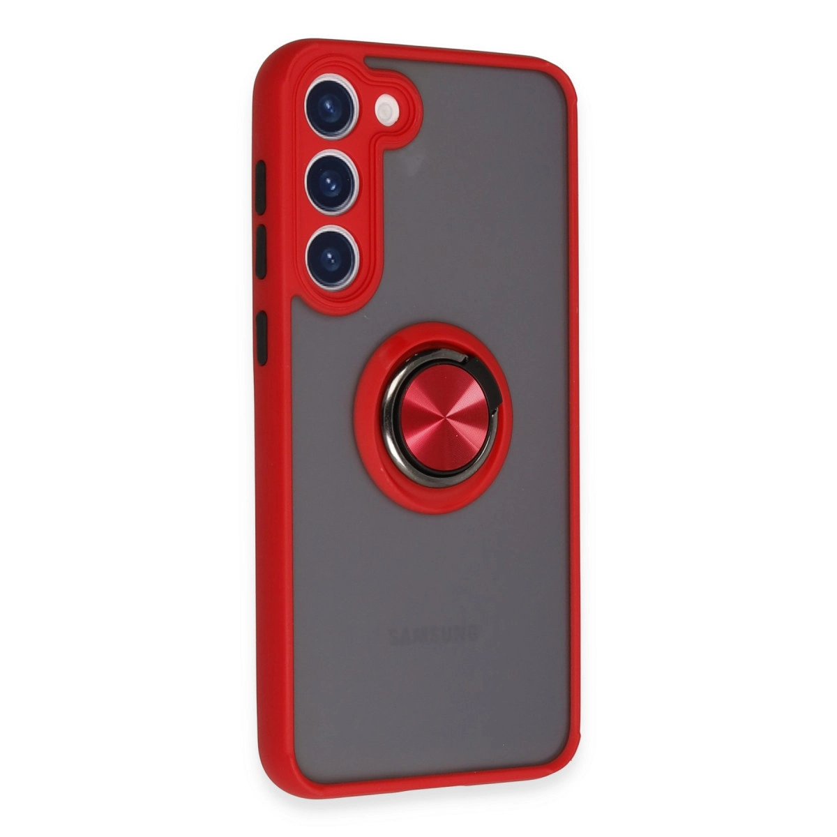 Kırmızı çerçeveli ve halka tutuculu gri telefon kılıfı.