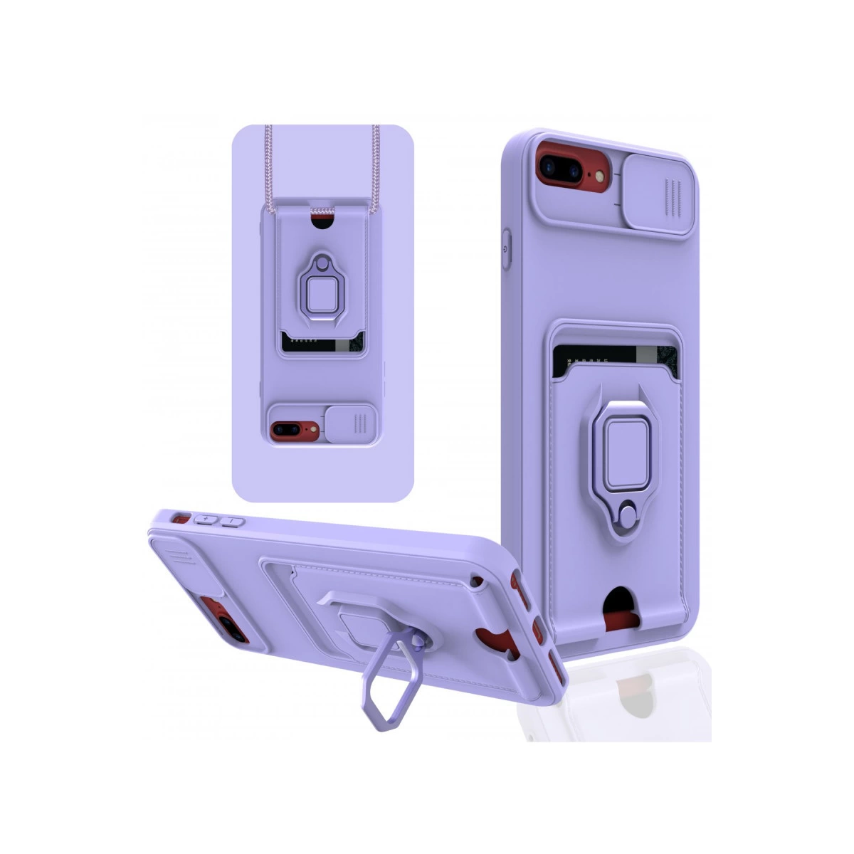 Kart tutucu, halka stant ve kordonlu açık mor telefon kılıfı.