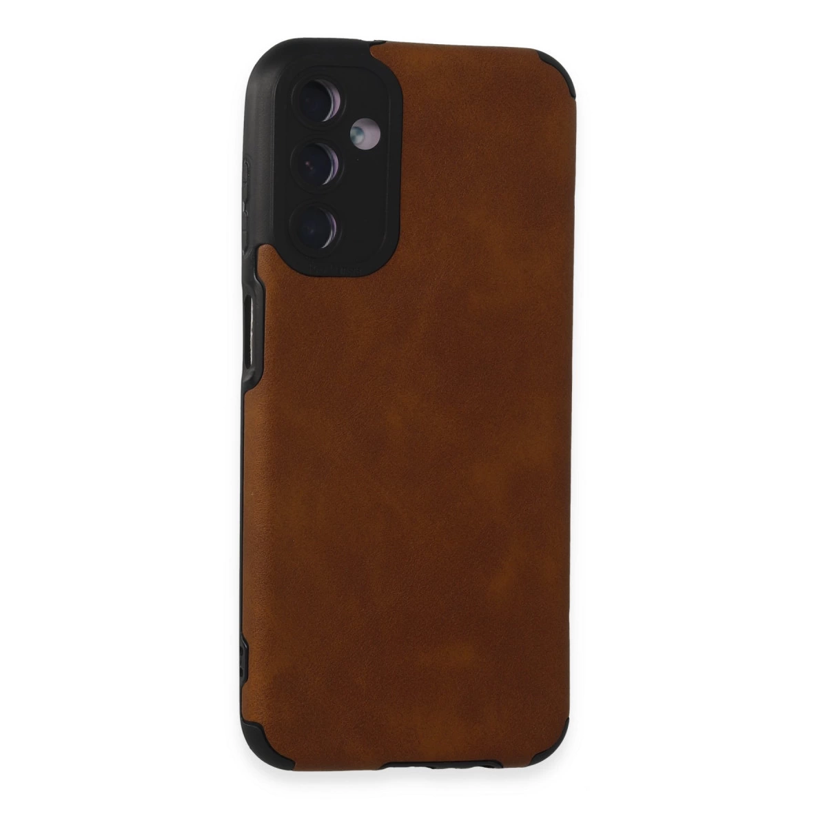 Siyah kamera kesimli kahverengi deri telefon kılıfı.