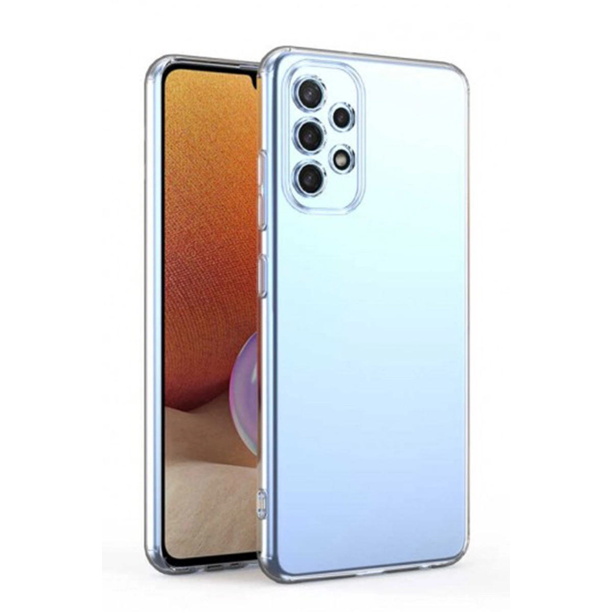 Şeffaf telefon kılıfı, dört kameralı bir akıllı telefonu gösteriyor.