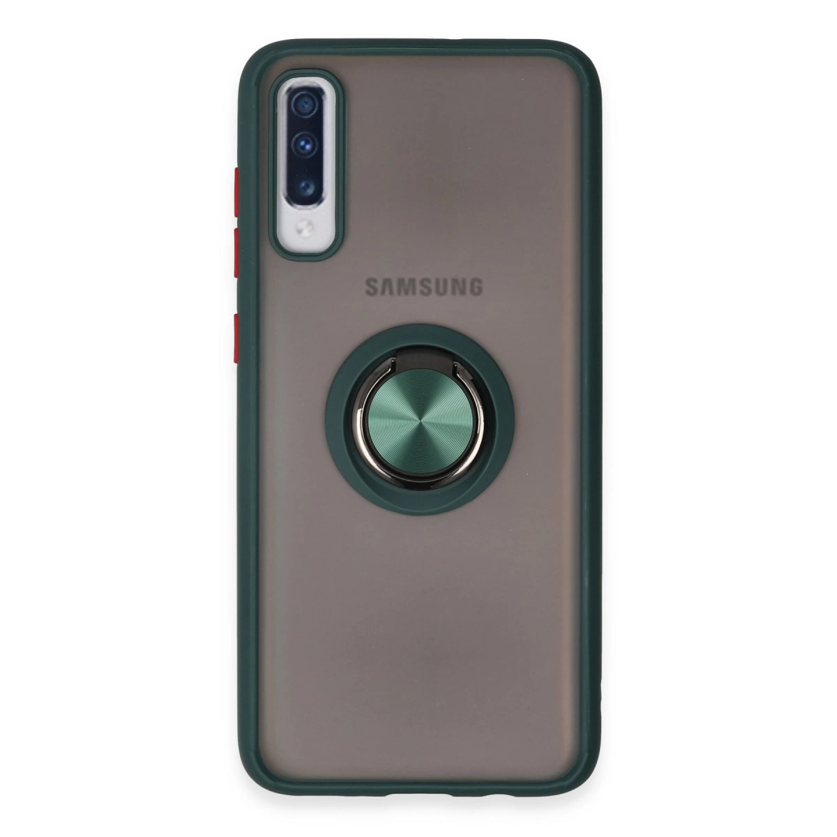 Samsung logolu ve yeşil halka tutuculu koyu yeşil telefon kılıfı.