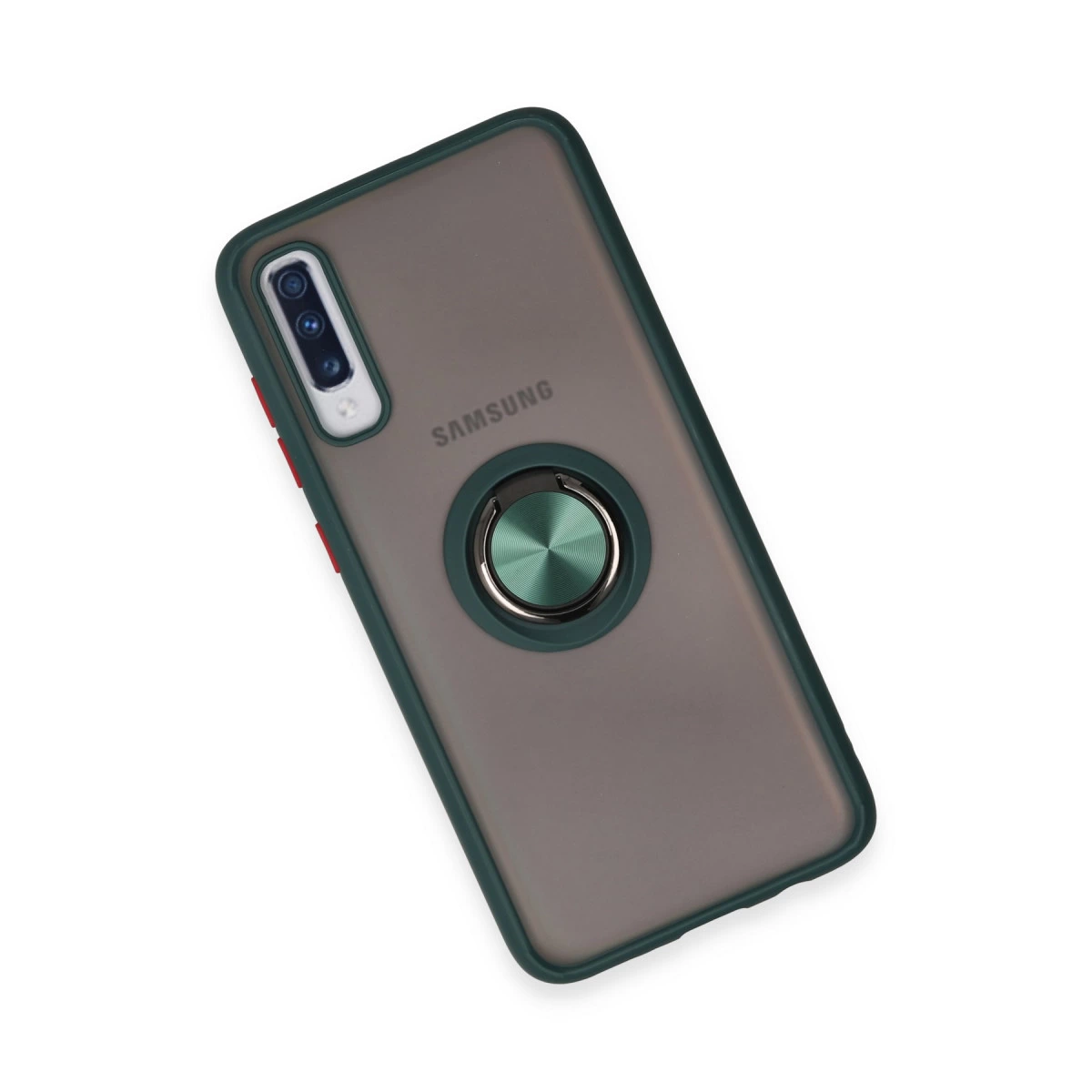 Kırmızı düğmeli ve halka tutuculu koyu renk kılıfta Samsung telefon.