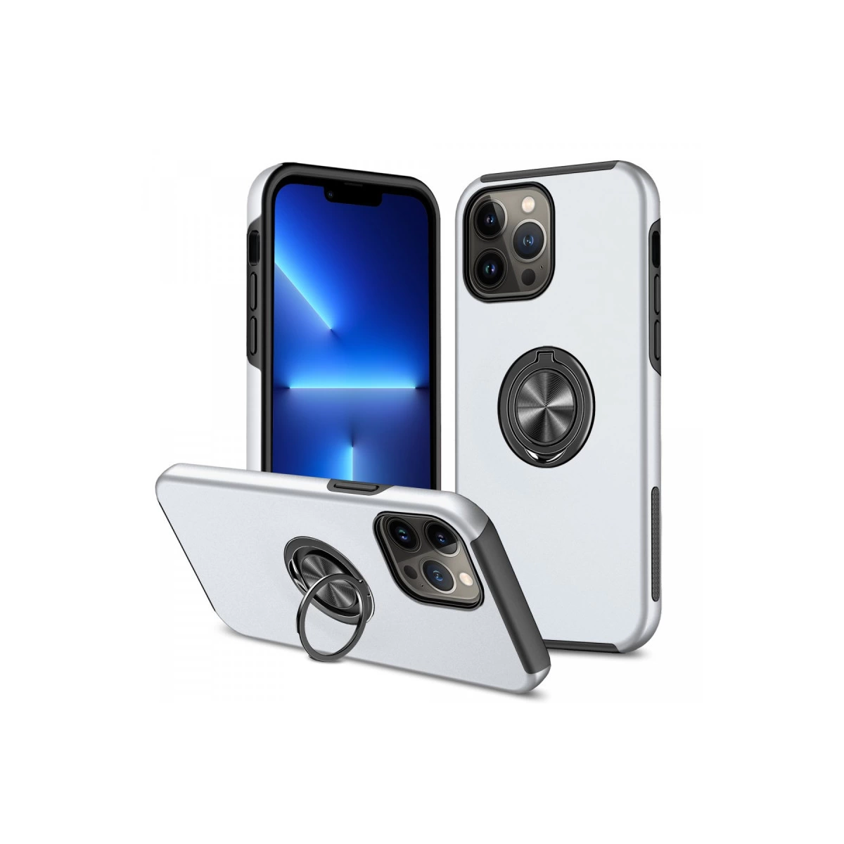 Beyaz arka plan üzerinde halka tutuculu ve kamera modüllü üç beyaz telefon kılıfı.