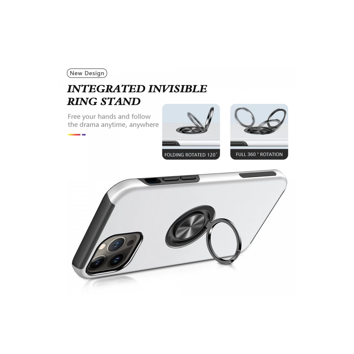 Gümüş telefon kılıfı, entegre halka stantlı. Katlanabilir ve dönebilir.