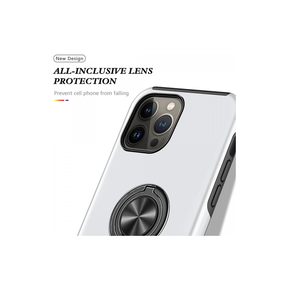 Halka tutuculu ve lens korumalı beyaz telefon kılıfı.