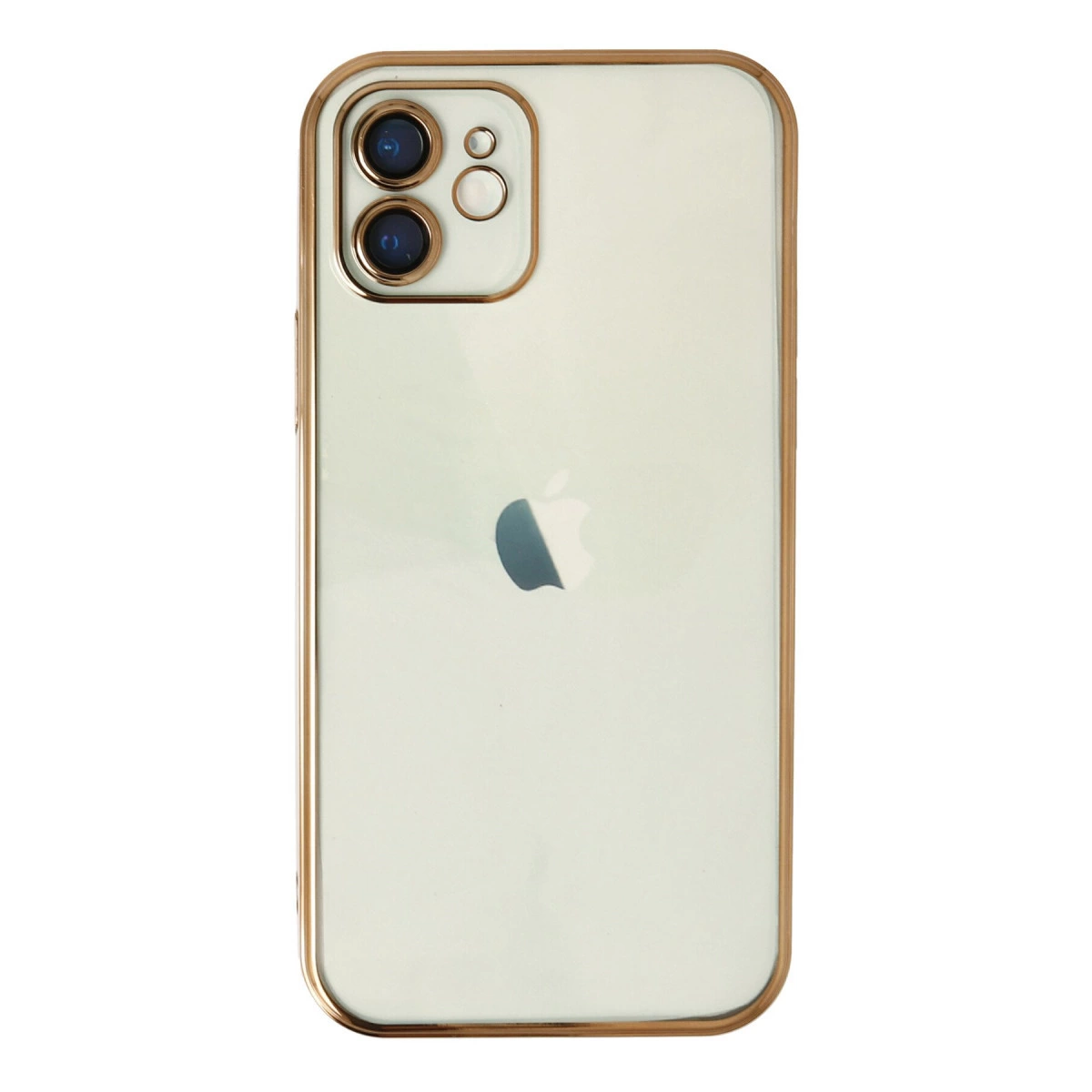 Altın çerçeveli beyaz iPhone, beyaz zeminde çift lensli kamera ile.