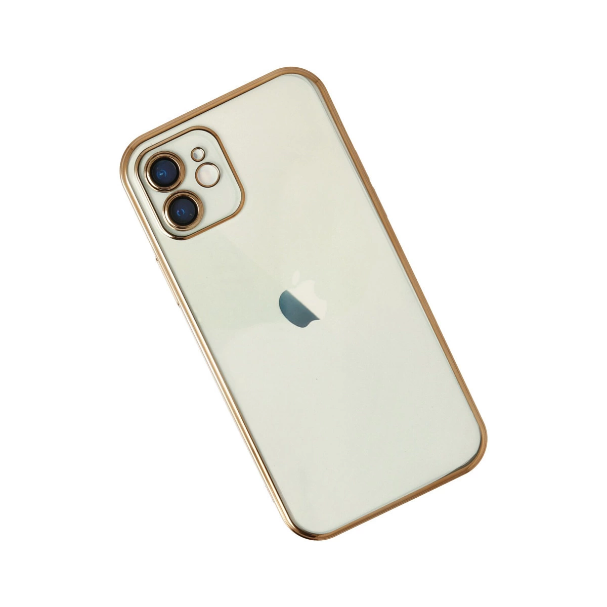 Altın kenarlı, iki kameralı açık yeşil iPhone.