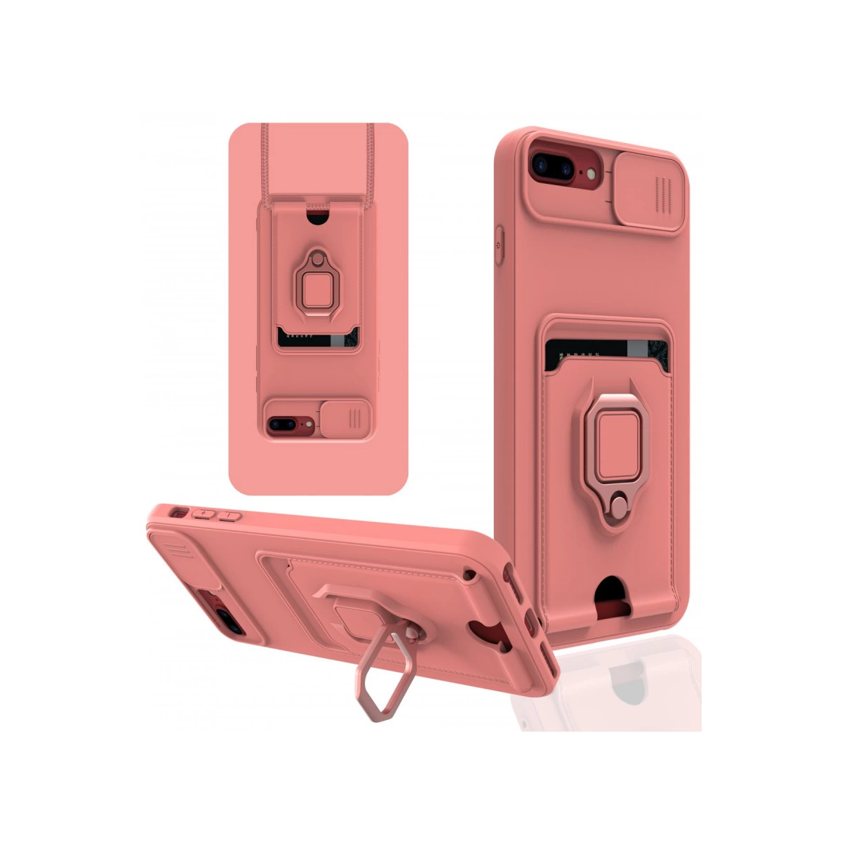 Kamera kaydırmalı kapaklı, kart tutuculu, halkalı mercan renkli telefon kılıfı.