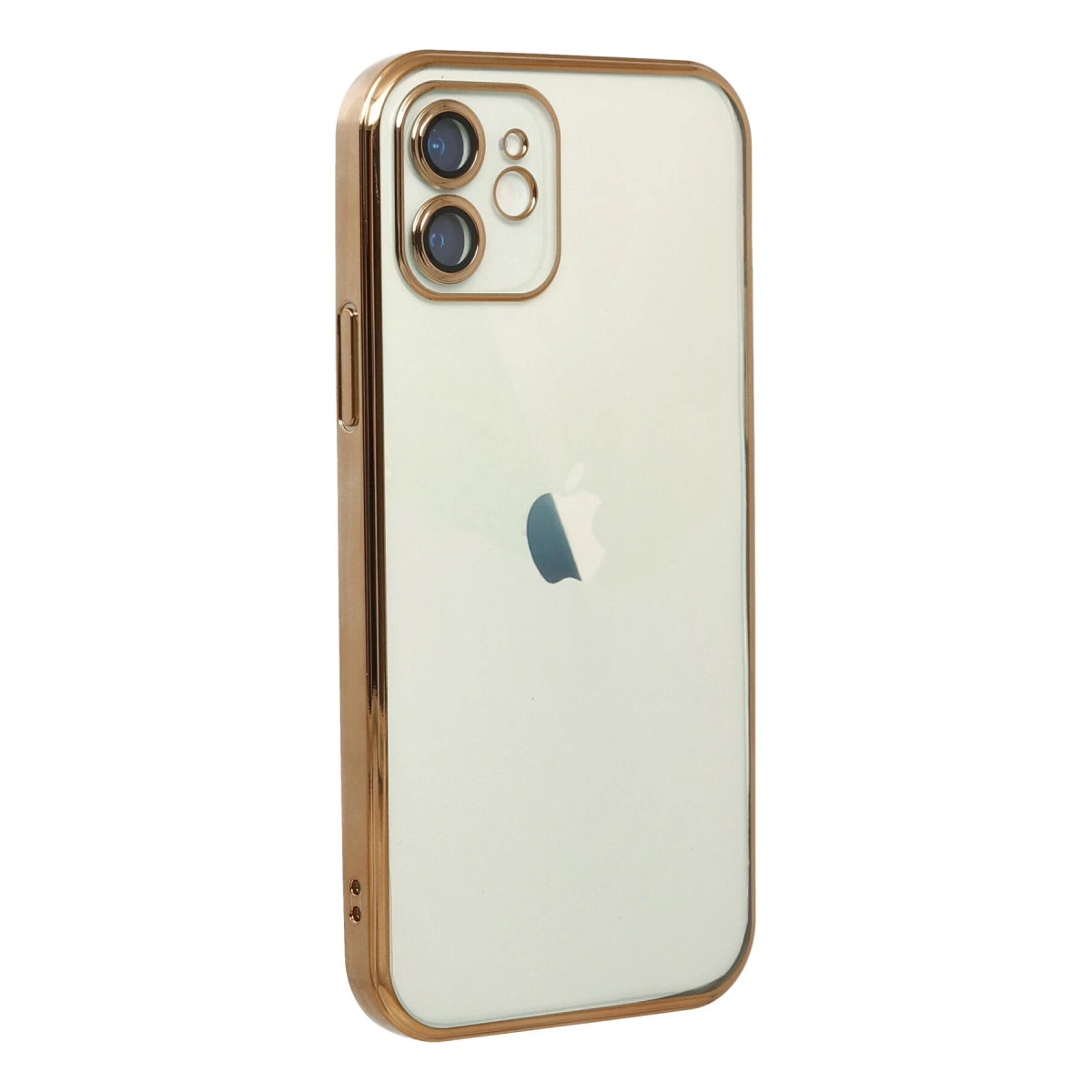 Altın kenarlı beyaz iPhone, kamera ve Apple logosu.