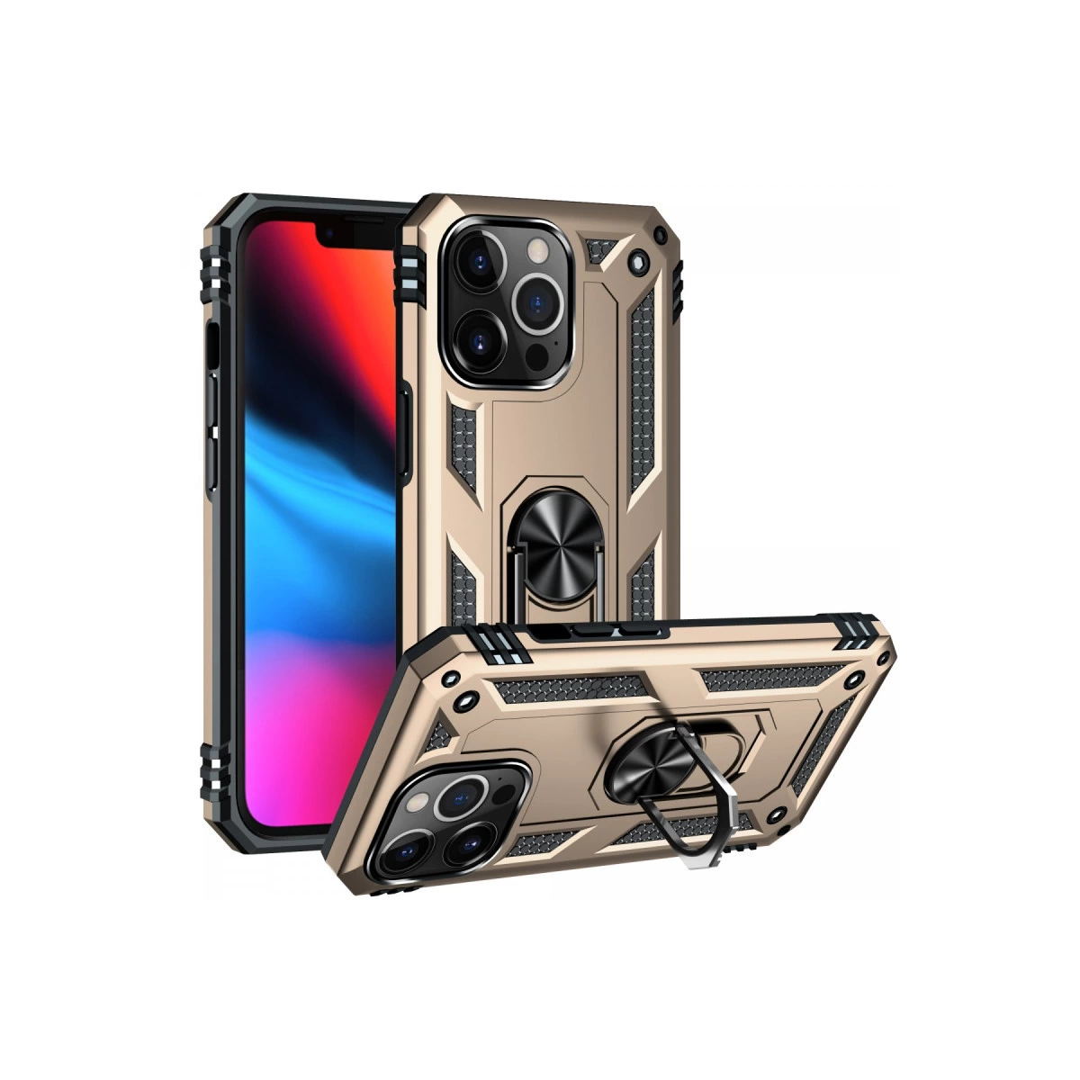 iPhone için halka tutuculu altın rengi telefon kılıfı.