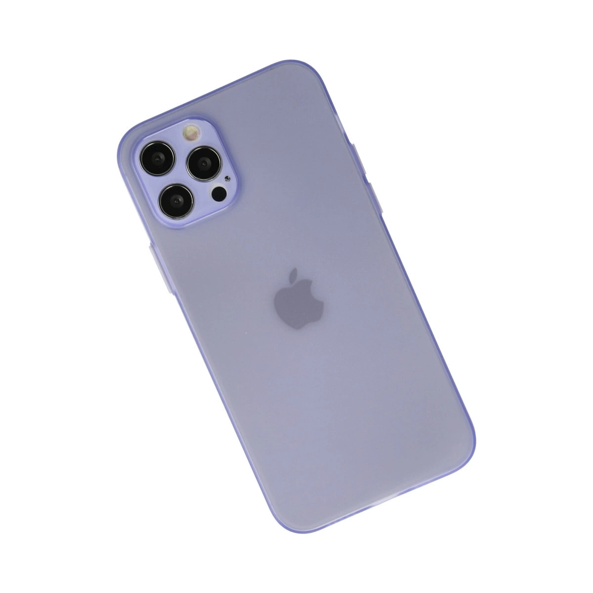 Beyaz arka plan üzerinde Apple logosu ve üç kamerası olan mor iPhone kılıfı.