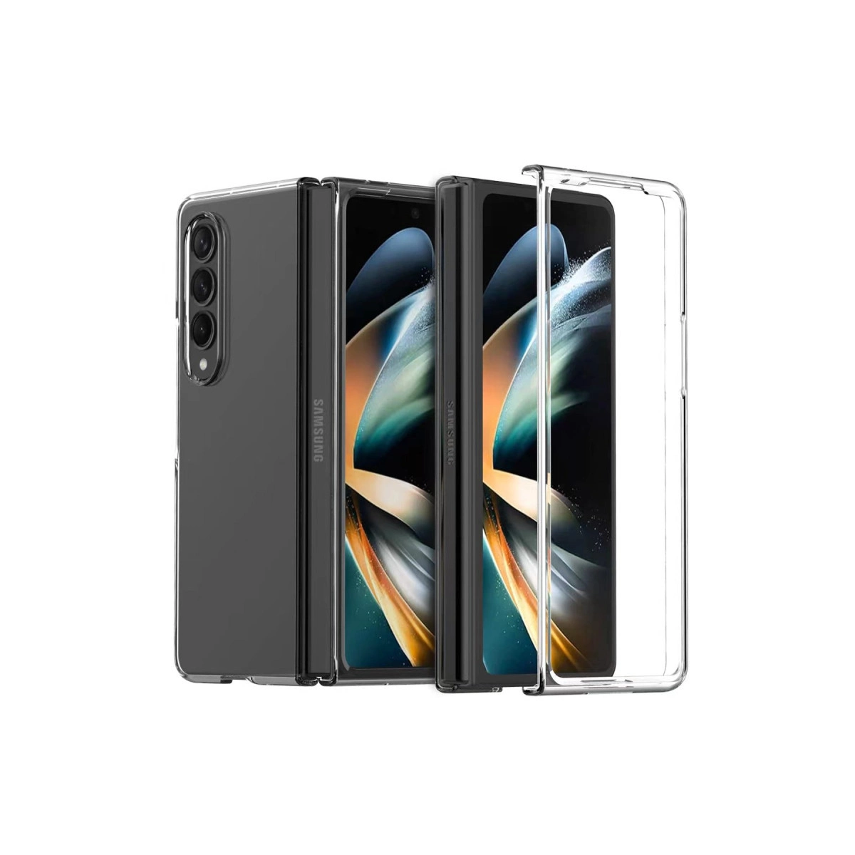 Şeffaf kılıflı üç Samsung katlanabilir telefon, biri açık.
