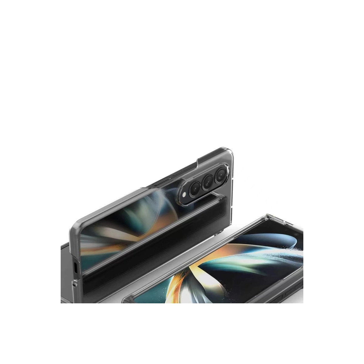 Üçlü kamerayı ve katlanabilir ekranı gösteren şeffaf telefon kılıfı.