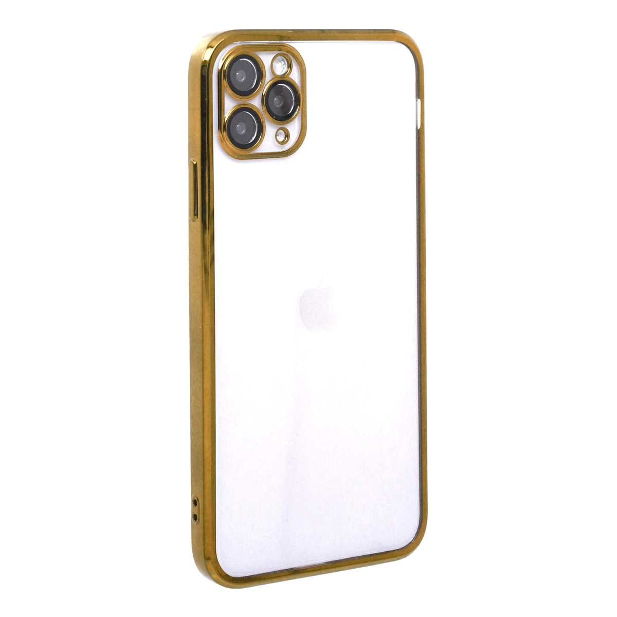 Altın rengi, şeffaf arka ve üçlü kameraya sahip telefon kılıfı. Apple logosu görünüyor.
