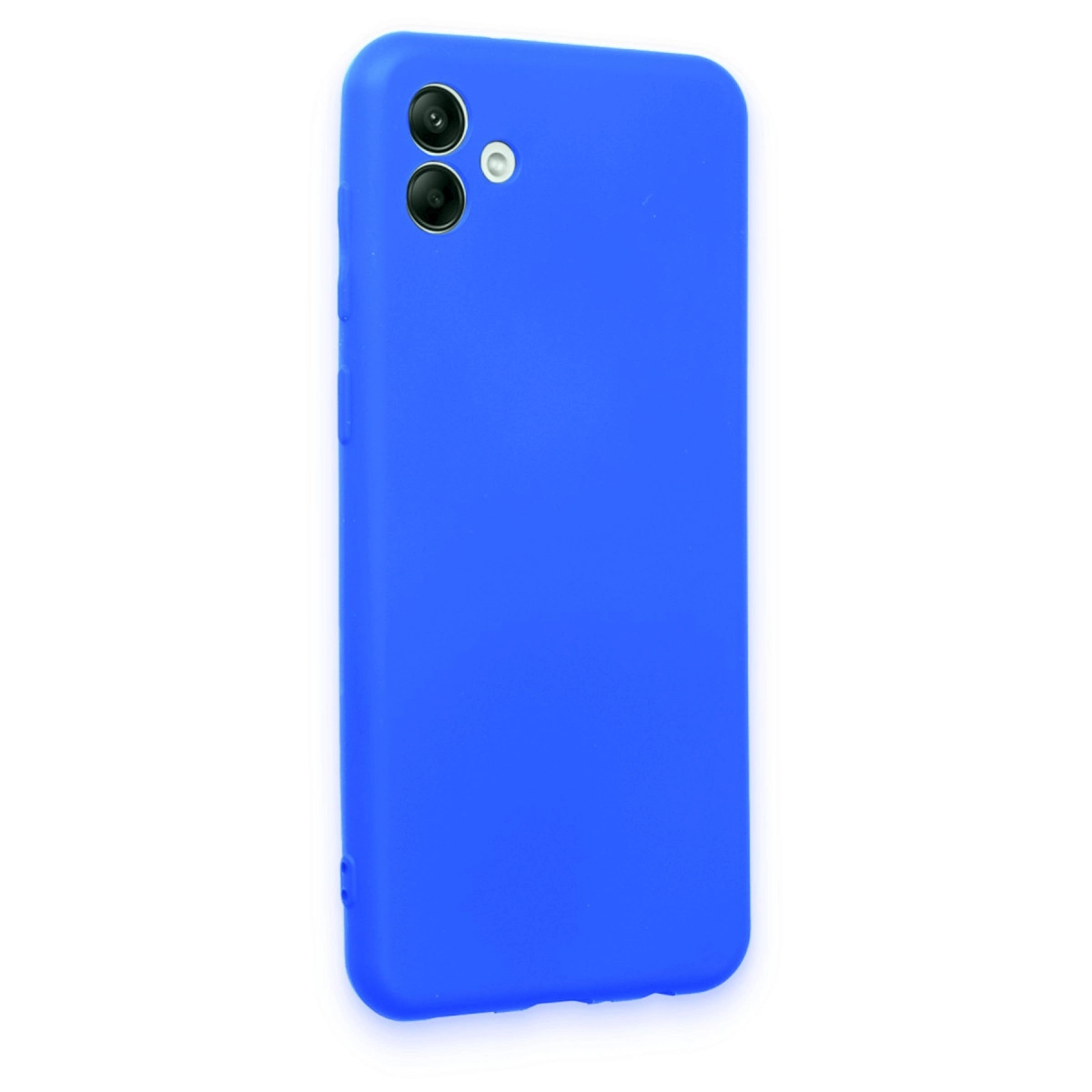 Arkada iki kamera ve flaşa sahip mavi telefon kılıfı.