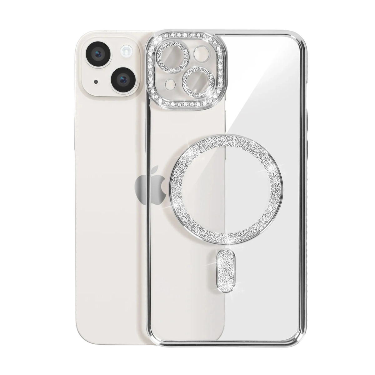 Kamera ve şarj alanı etrafında gümüş sim detaylarla süslenmiş şeffaf iPhone kılıfı.