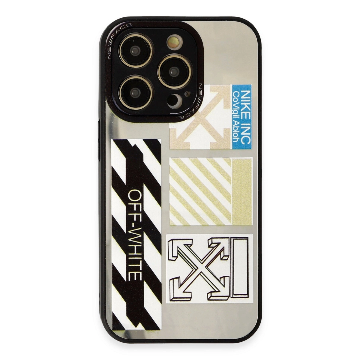 Off-White ve Nike çıkartmalı iPhone kılıfı, arka kamera dizilimi.