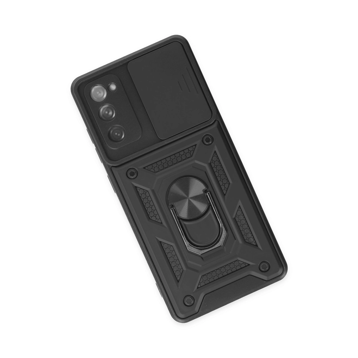 Kameralı kaydırıcı kapaklı ve halka tutuculu siyah telefon kılıfı.